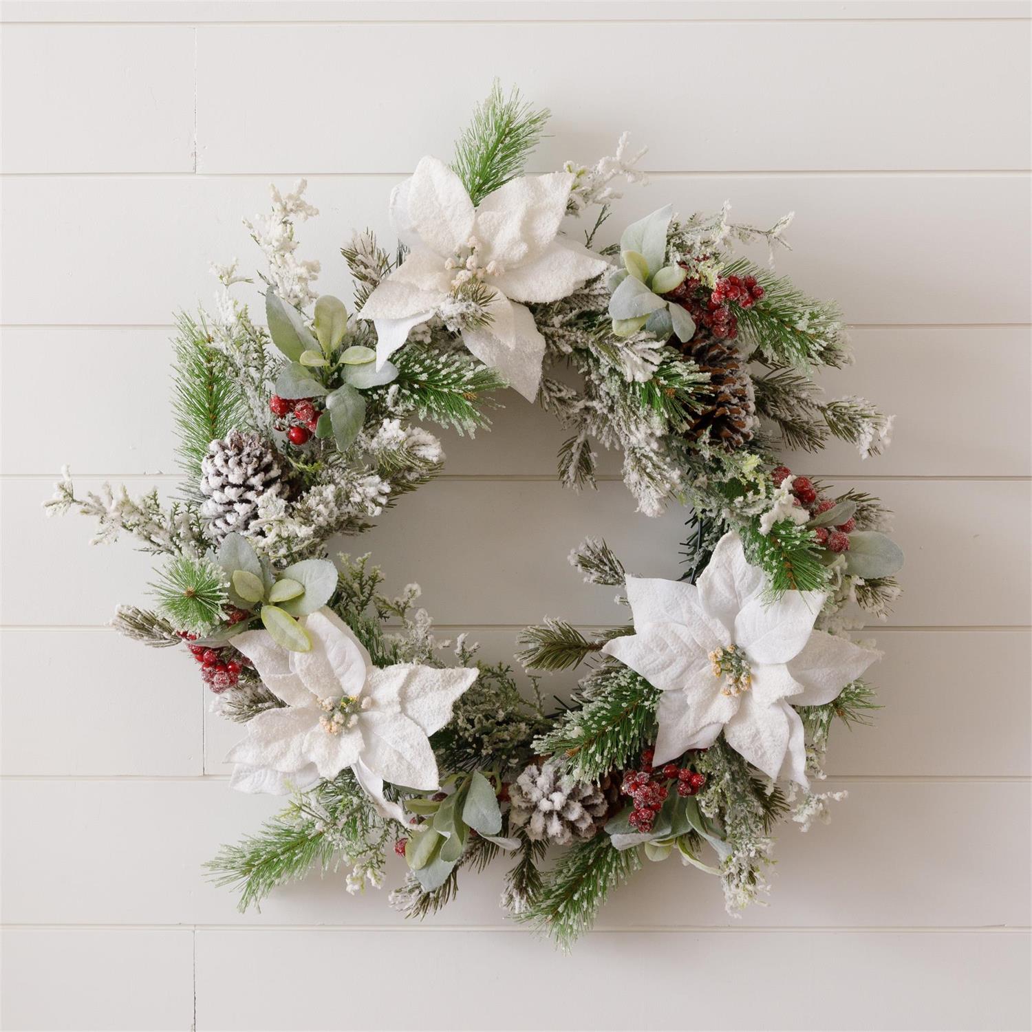 Wreath - Flocked Evergreens And White Poinsettias
