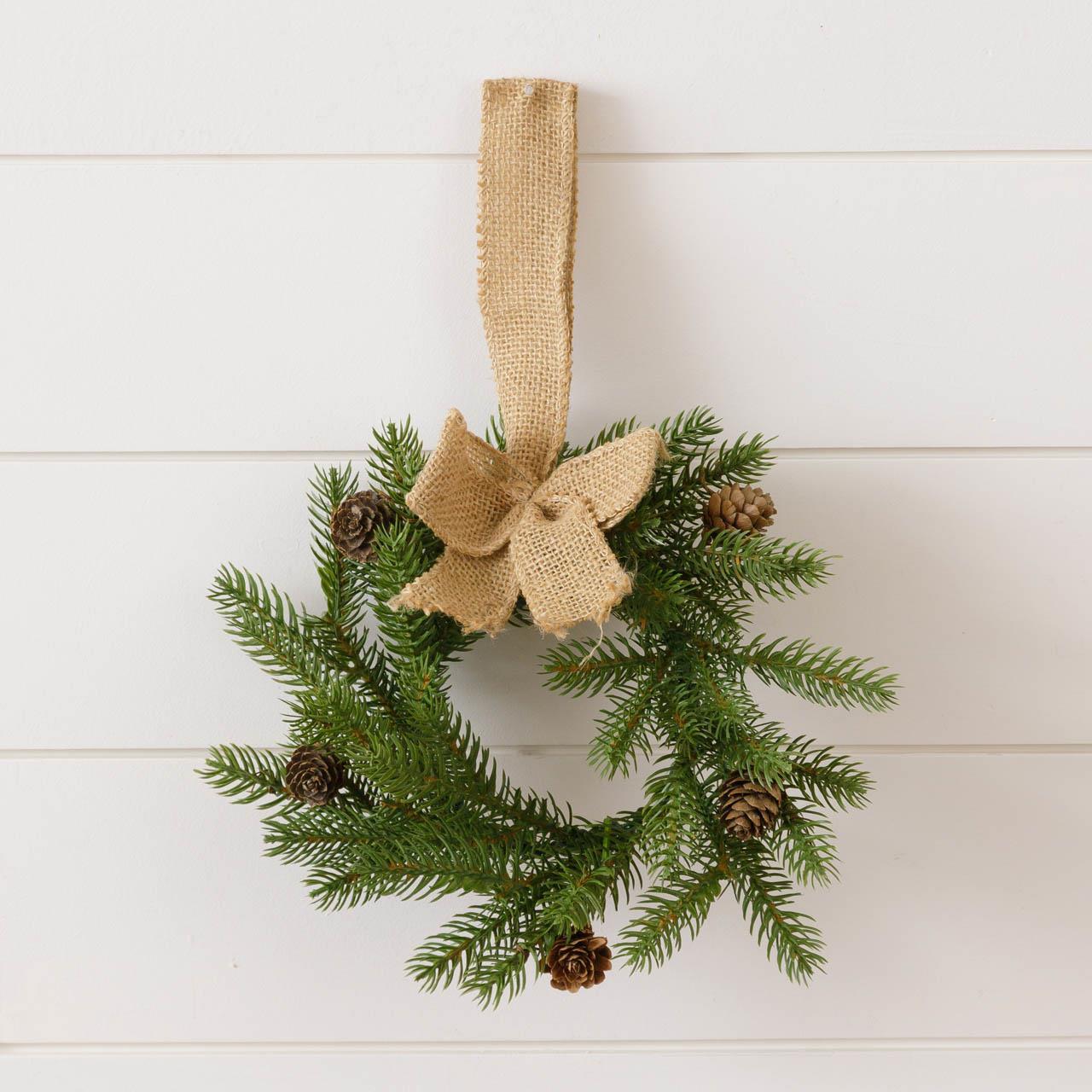Mini Wreath - Pine Branches And Cones With Burlap Bow
