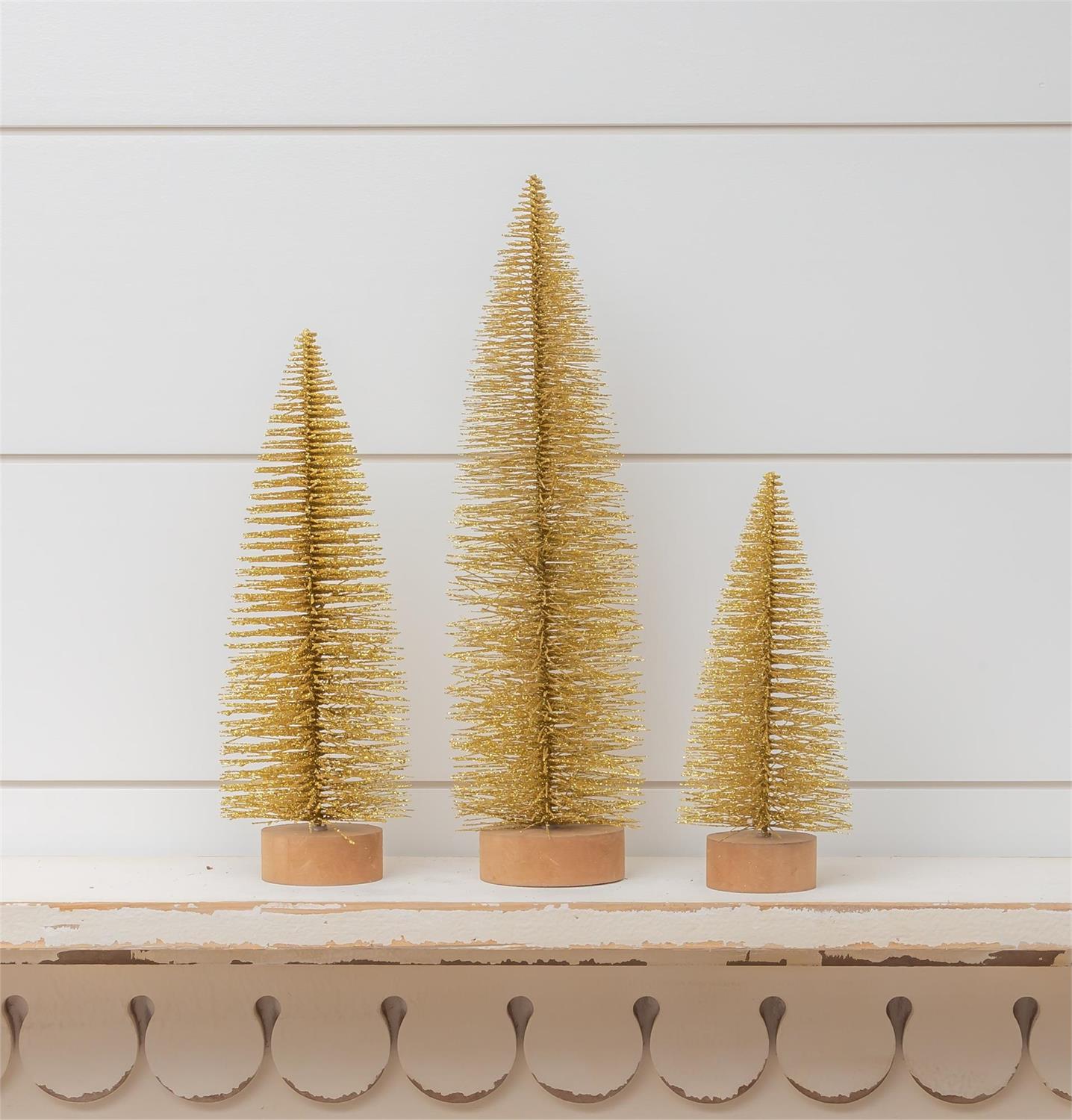 Bottle Brush Trees - Wood Base, Gold Glitter