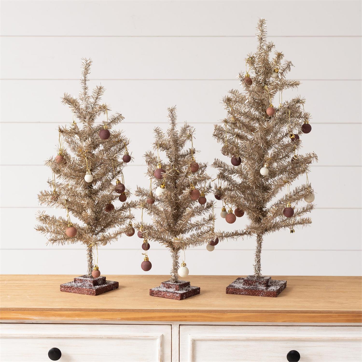 Champagne Tinsel Tree With Ornaments (S/3)