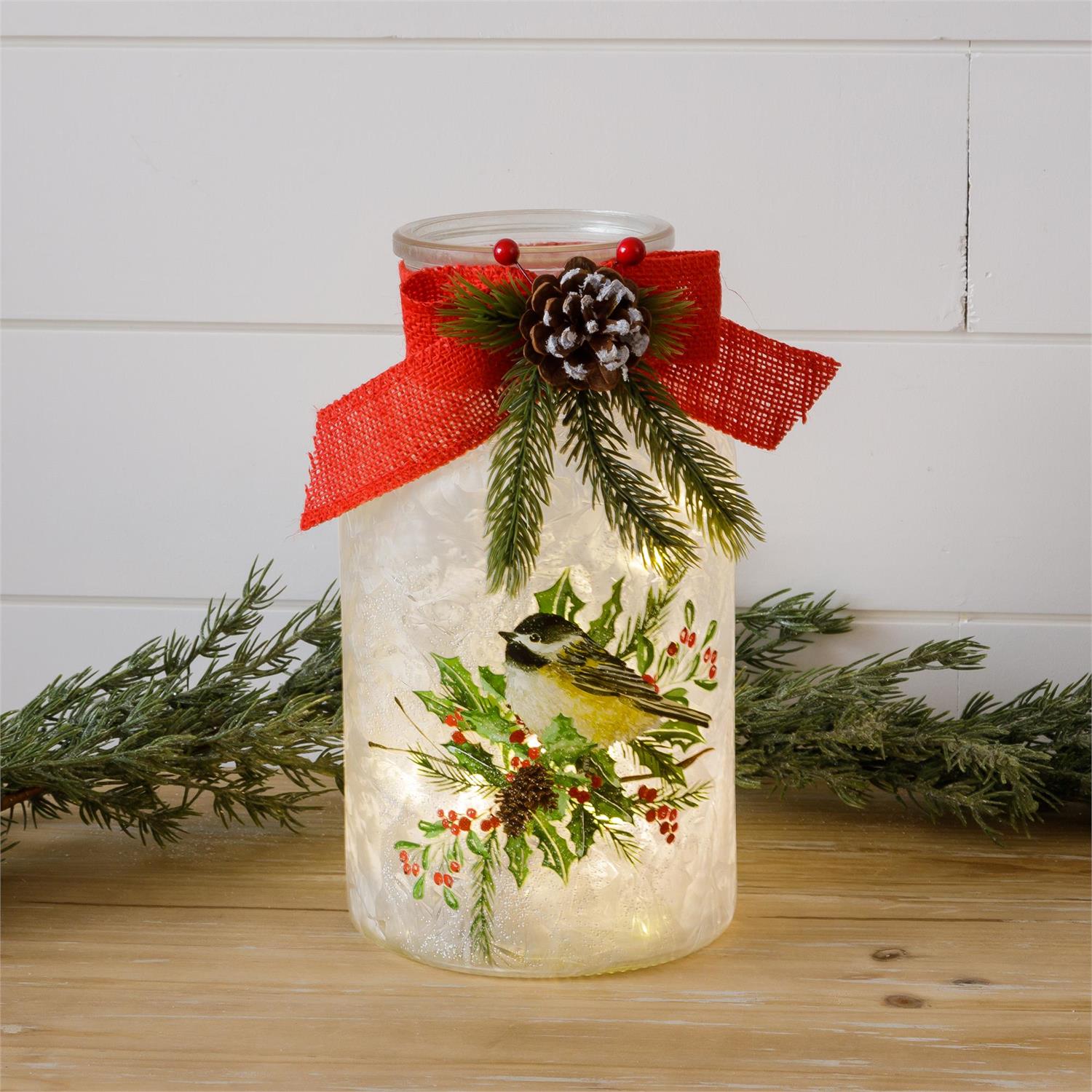 Frosted Glass Luminary With Bow - Chickadee on Branch