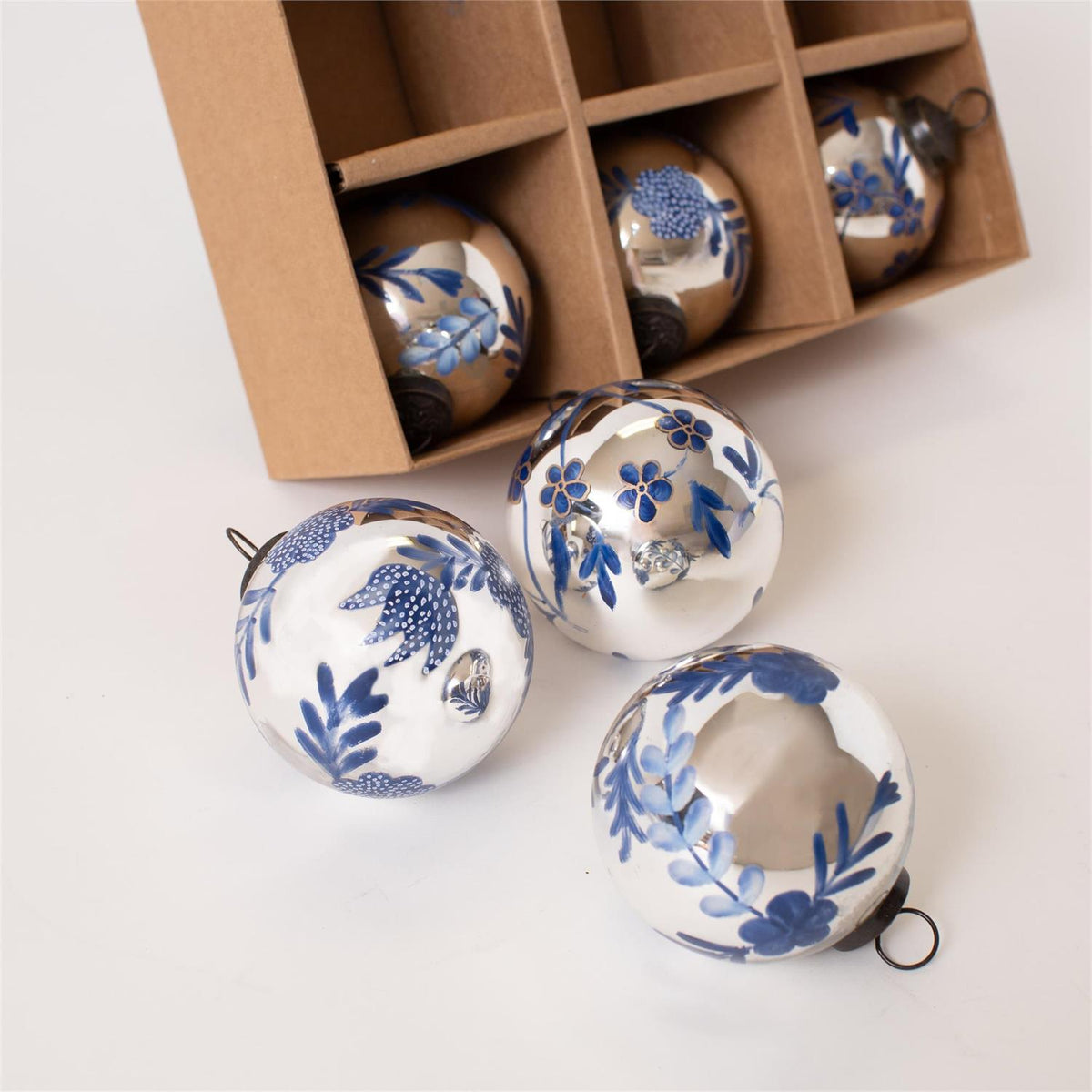 Hand-Painted Midnight Bloom Glass Ornaments (S/6)