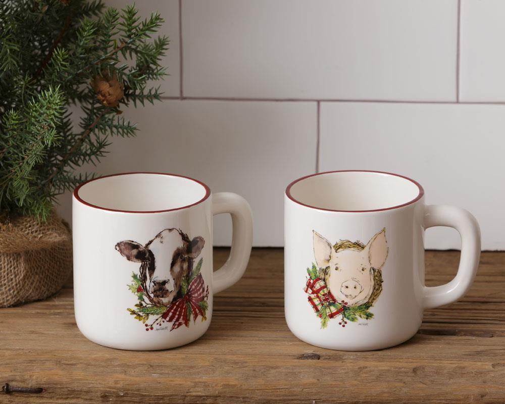 Farmhouse Christmas, Pig, and Cow Mugs (S/2)