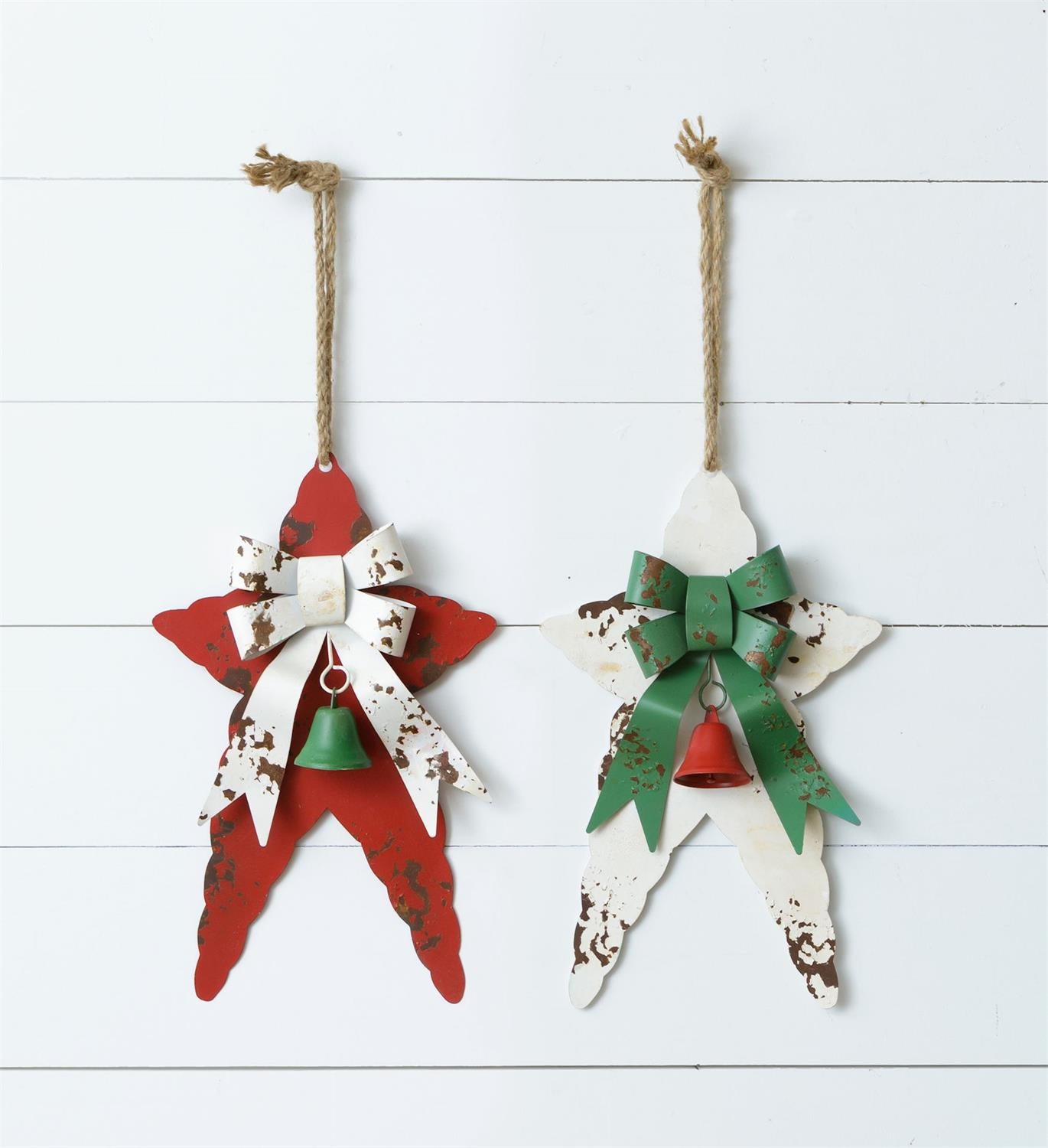 Rustic Metal Stars With Bell, Red And White