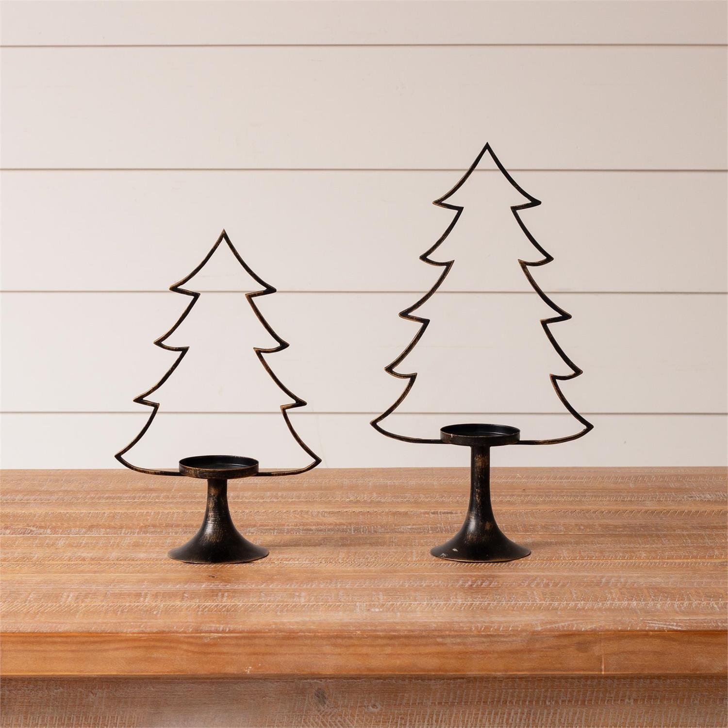 Metal Christmas Tree Silhouette Candle Holders (S/2)