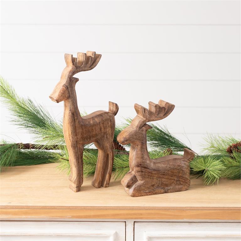Carved Mango Wood Deer (S/2)