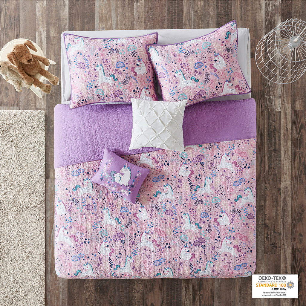 Lola Unicorn Reversible Cotton  Quilt Set with Throw Pillows