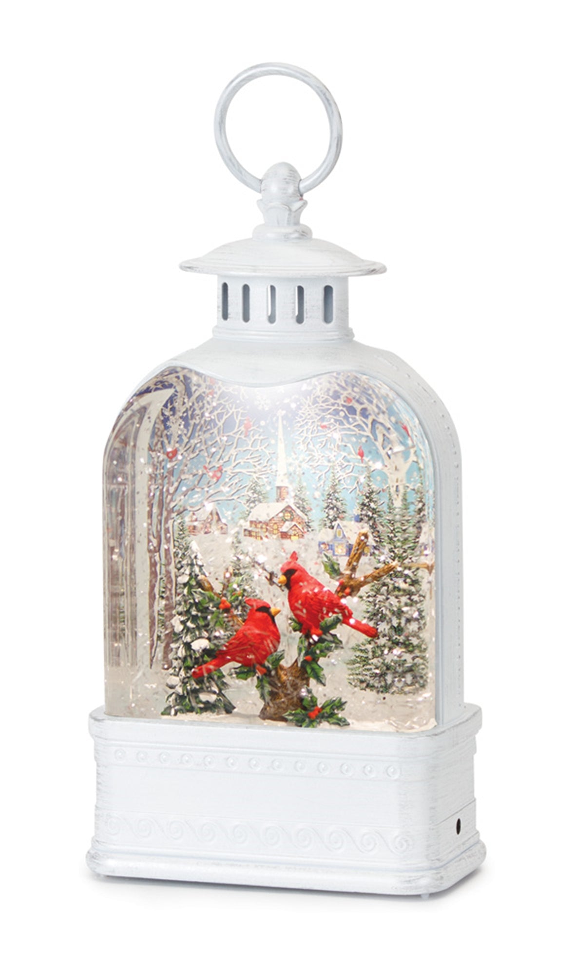 Snow Globe Lantern w/Cardinals 10.5”H  6 Hr Timer 3 AA Batteries, Not Included)