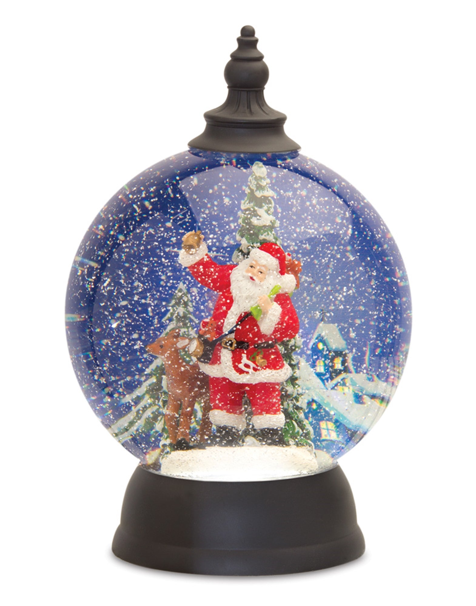Santa W/ Deer Snow Globe 9.25”H Acrylic 6 Hr Timer (Requires 3 AA Batteries, Not Included or USB C