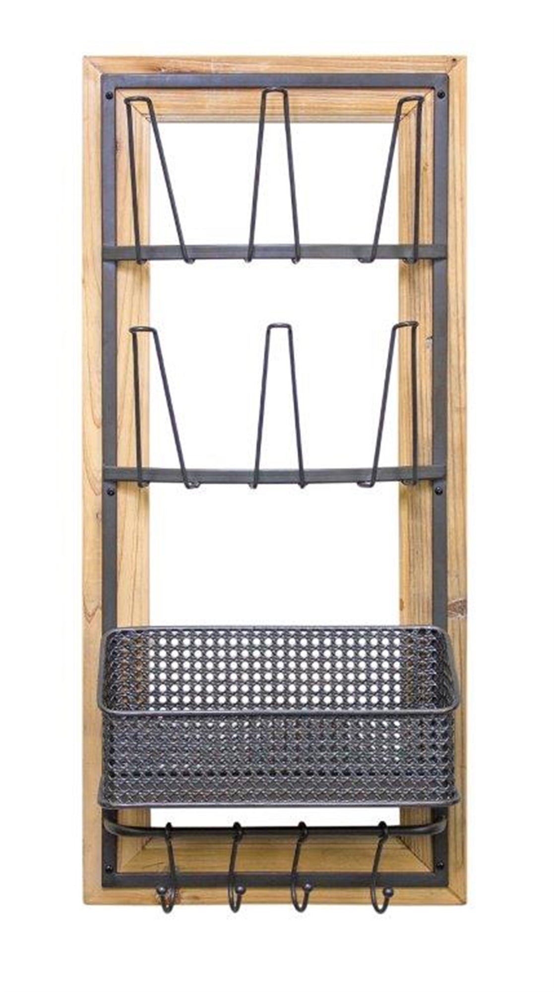 Wall Glass Holder w/Basket 15.75"L x 35.5"H Wood/Metal