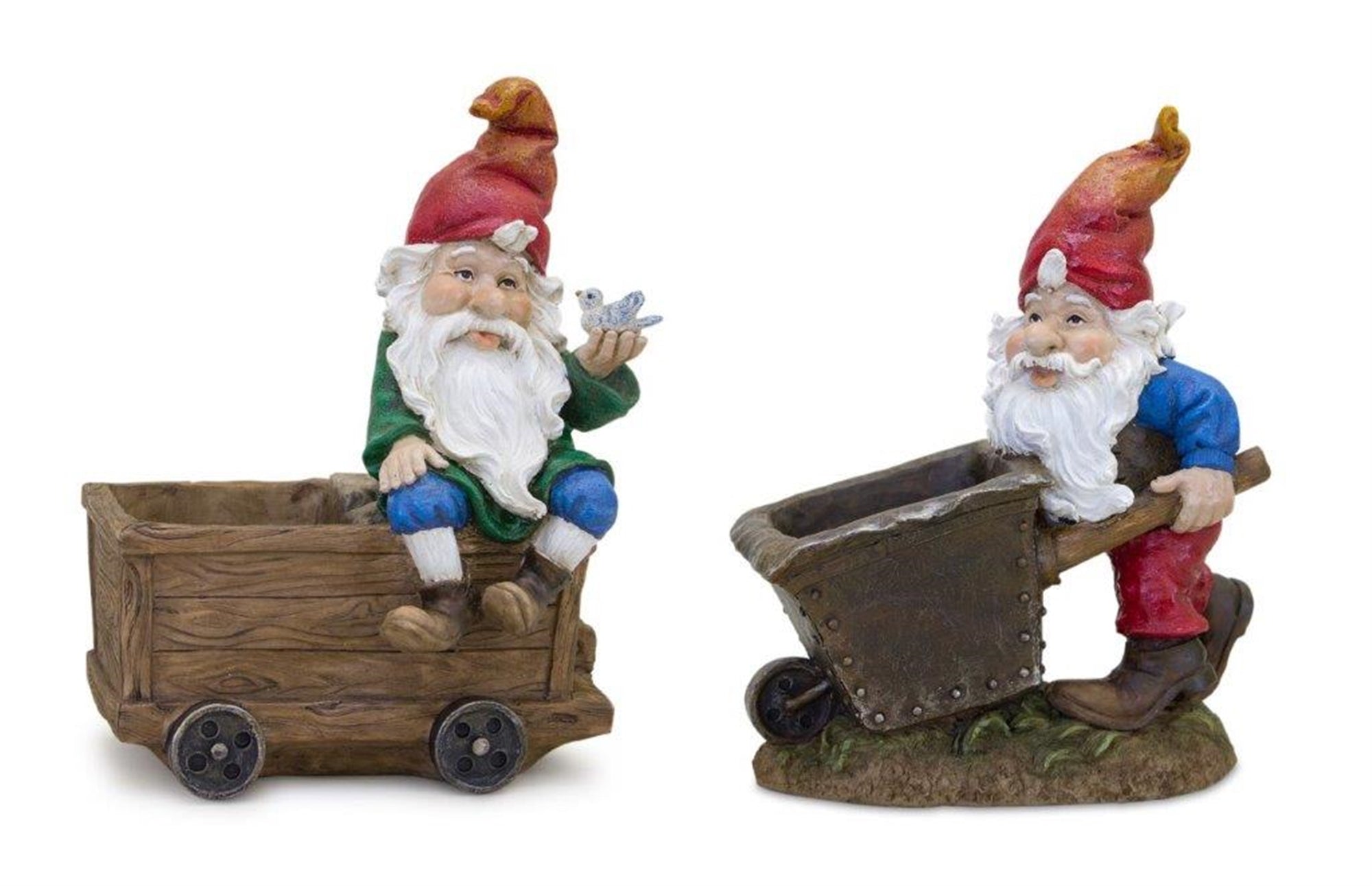 Gnome w/Wheelbarrow & Wagon (2 Asst) 7"L x 8.25"H, 6.5"L x 9"H Resin