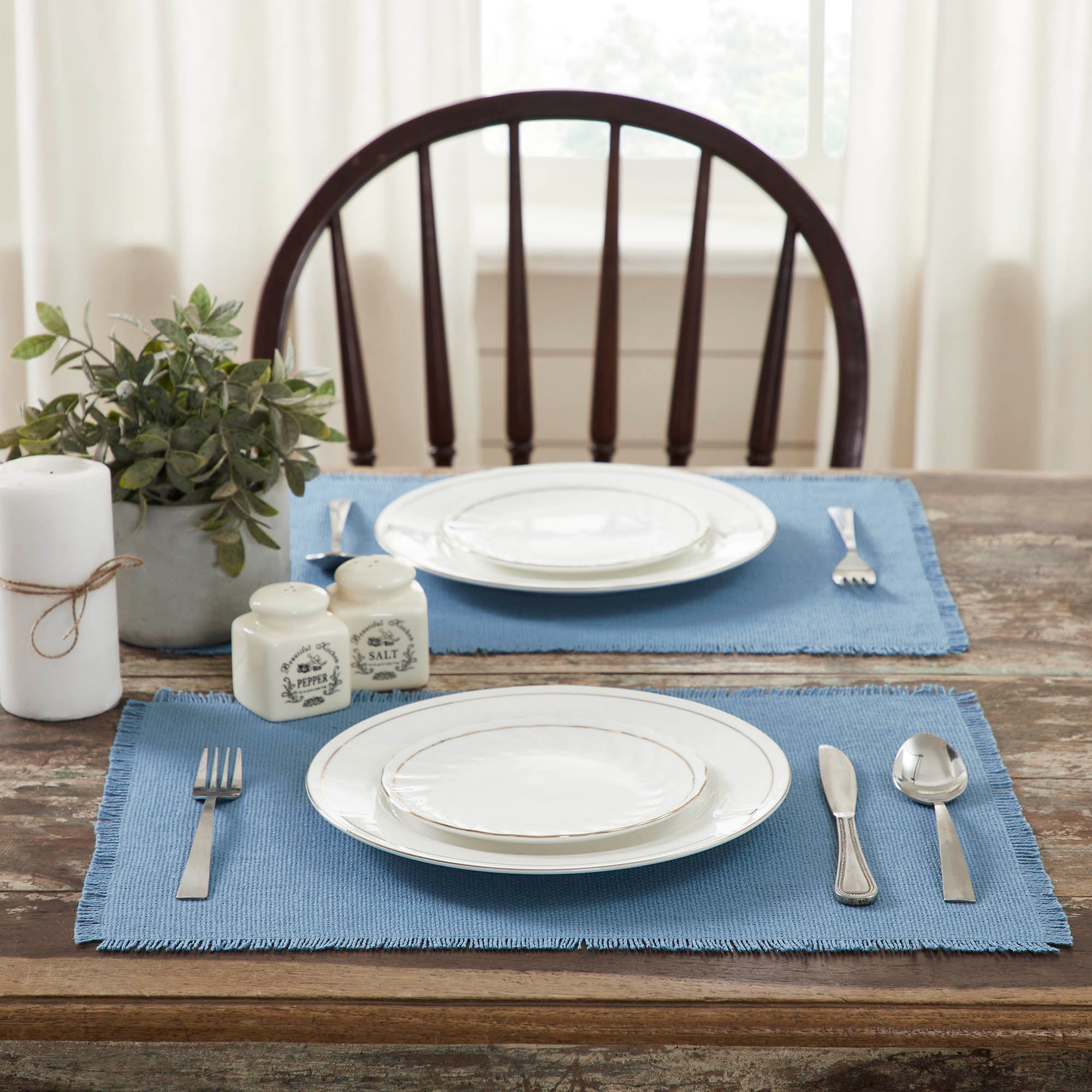 Burlap Blue Placemat Set of 6 Fringed