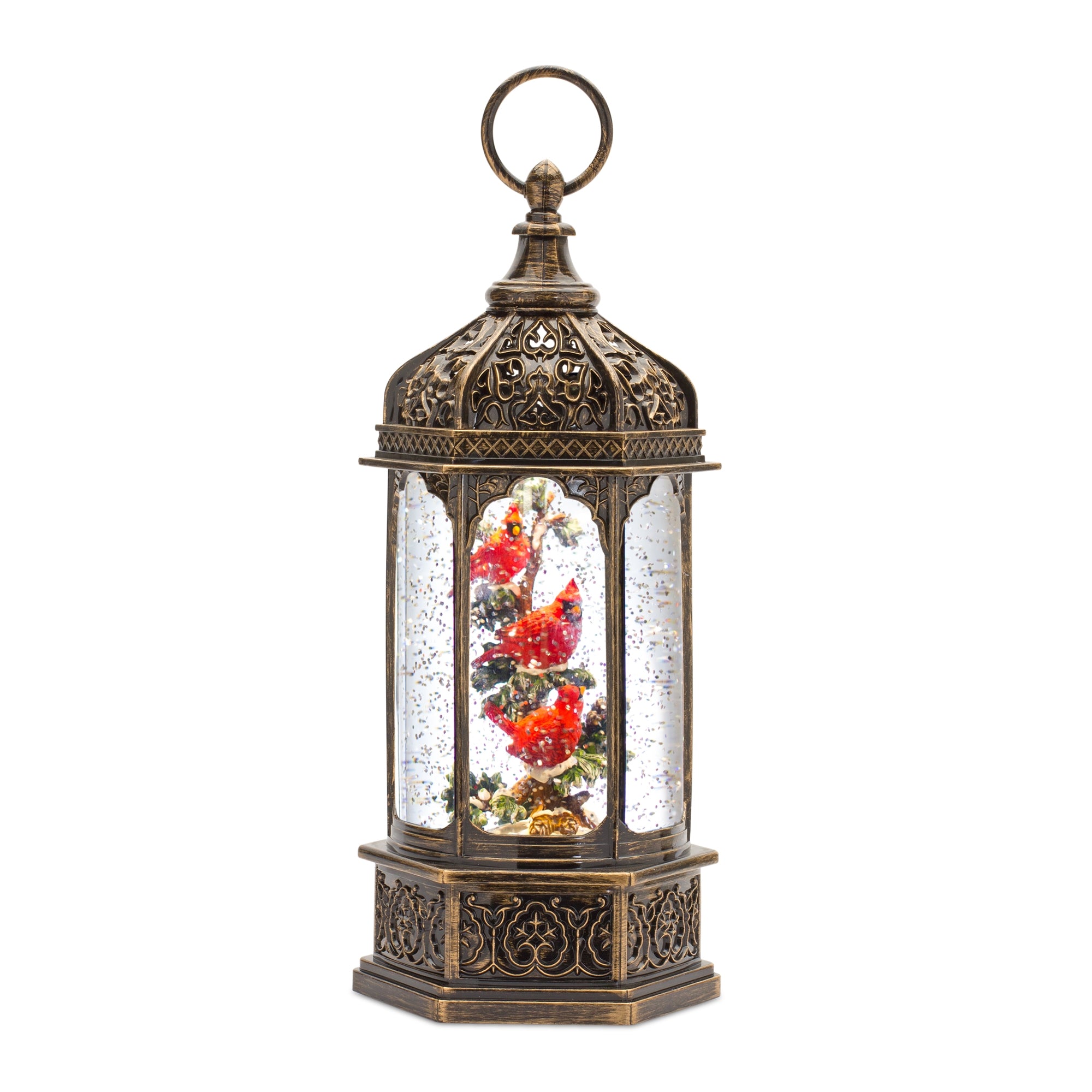 Snow Globe w/Cardinals 13”H  6 Hr Timer 3 AA Batteries Not Included or USB Cord Included