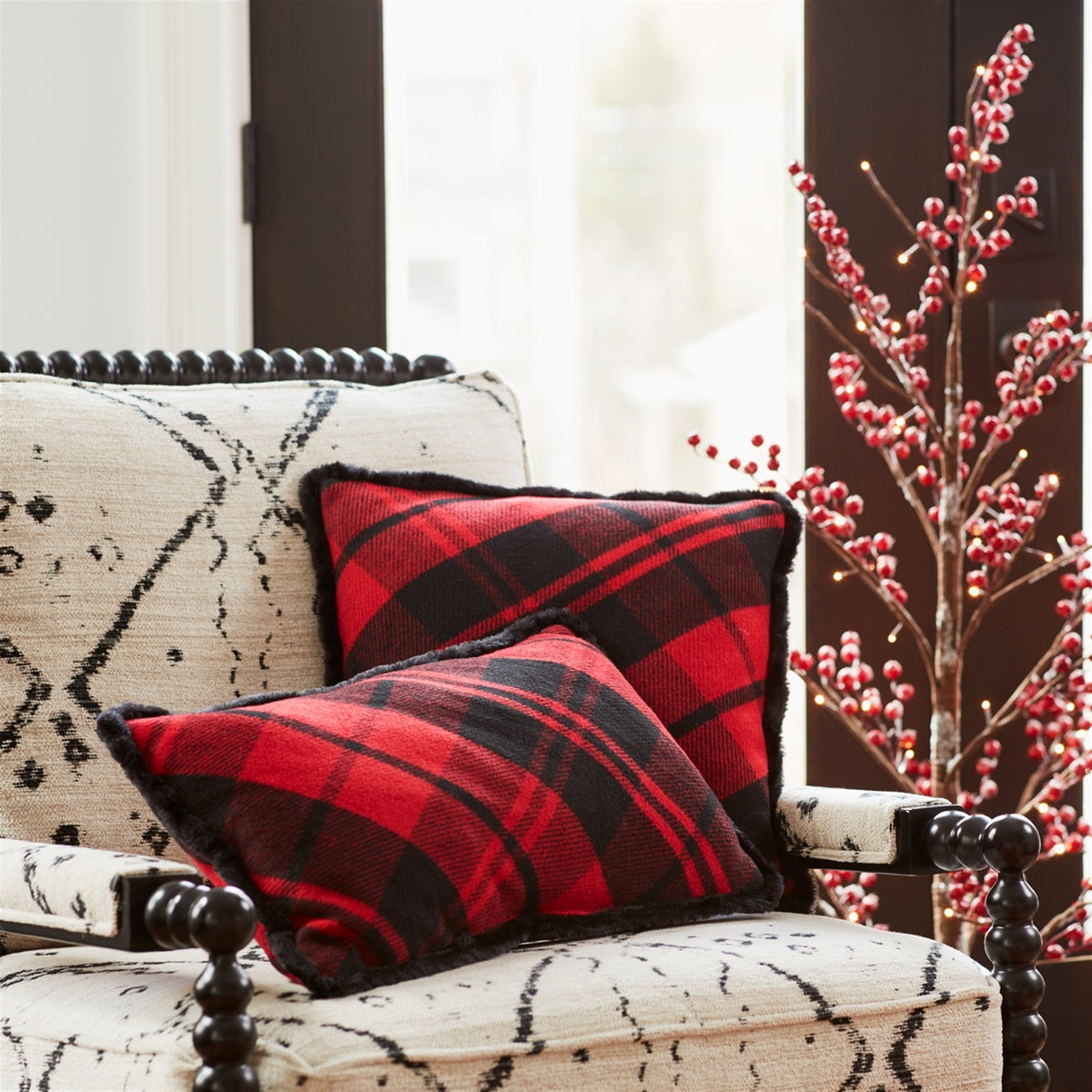 Black and Red Plaid Throw Pillow with Fringe (S/2)