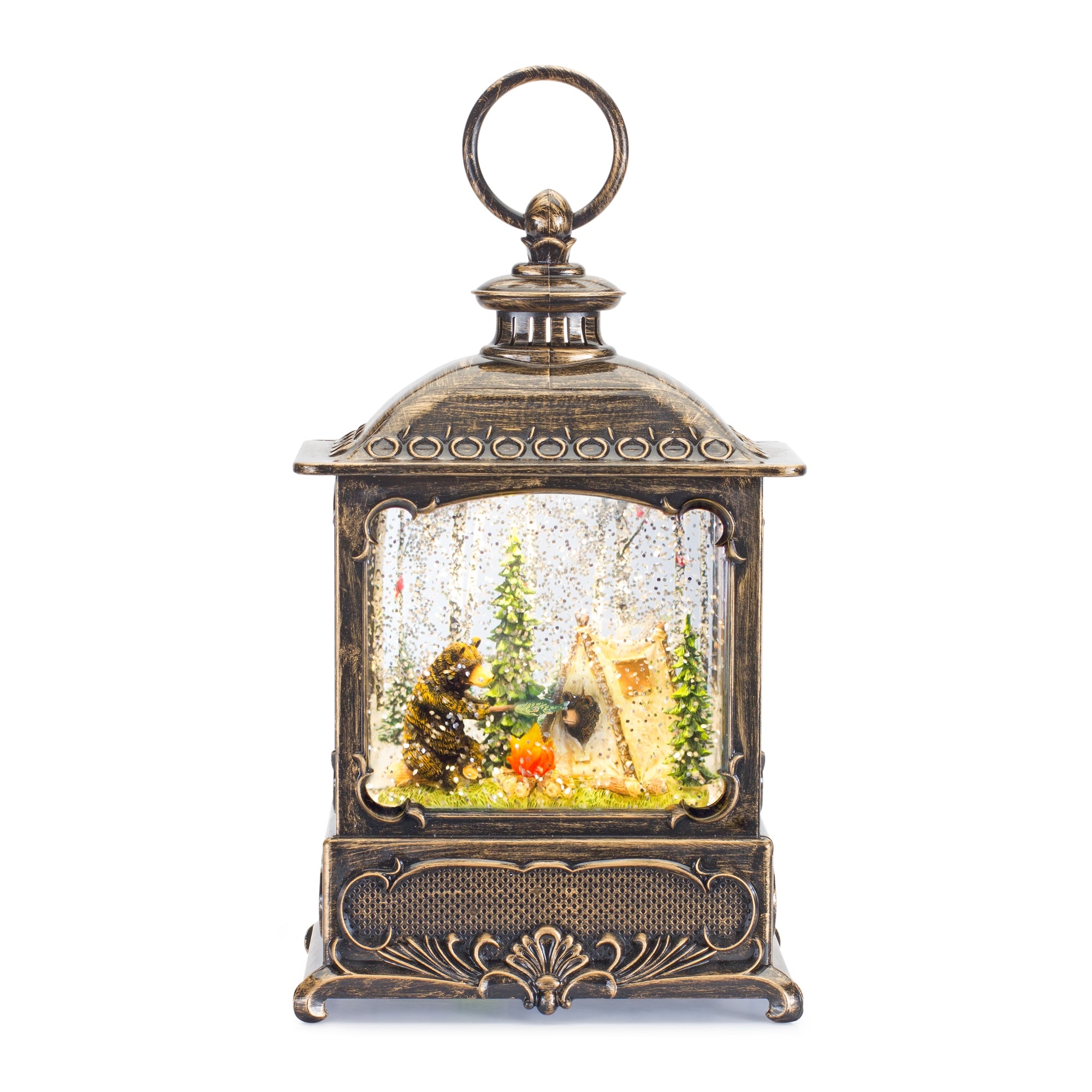 Snow Globe w/Bear Camp Fire 10”H  6 Hr Timer 3 AA Batteries Not Included or USB Cord Included