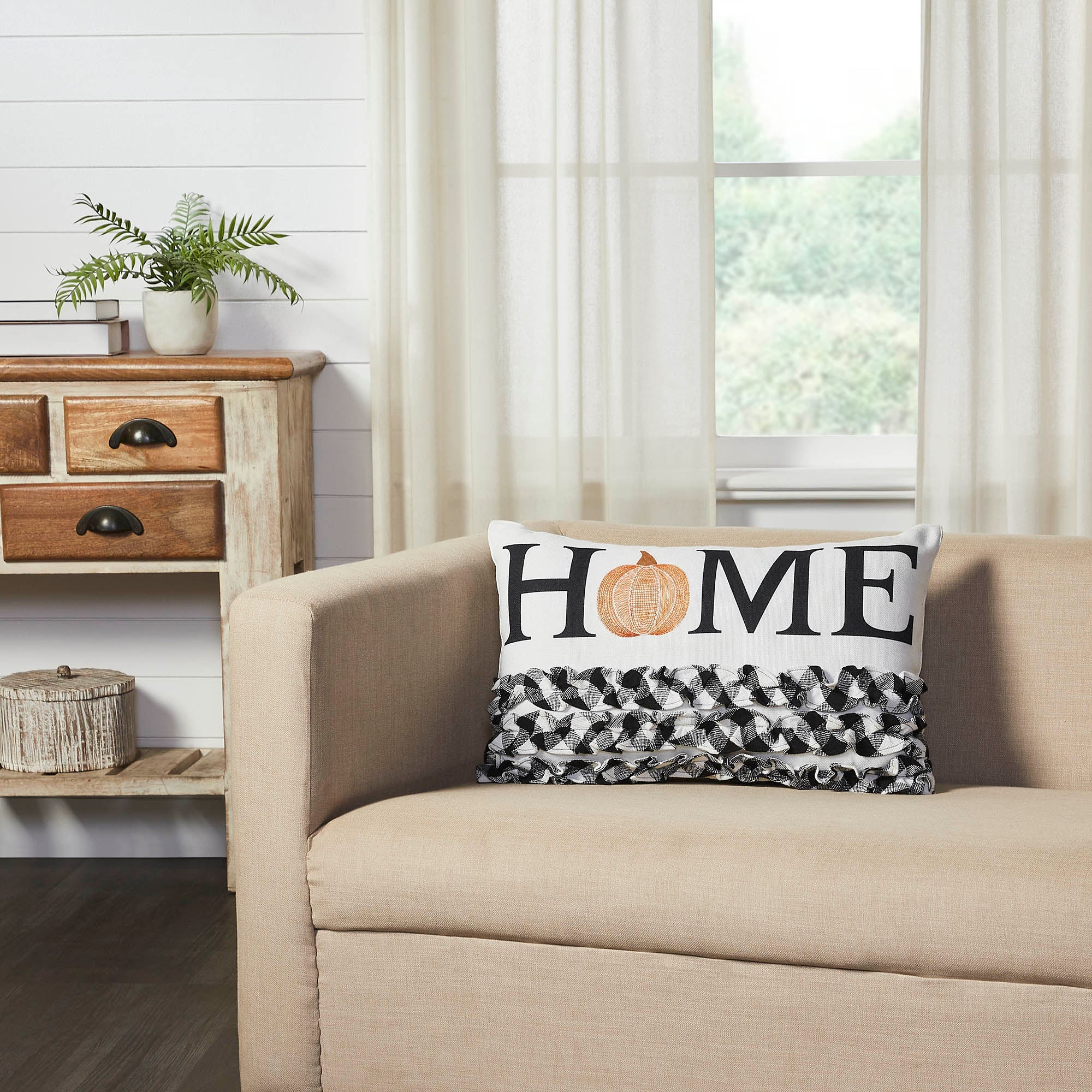 Annie Black Buffalo Check Pumpkin Ruffle Accent Pillow 14x22 Farmhouse Fall Home Decor
