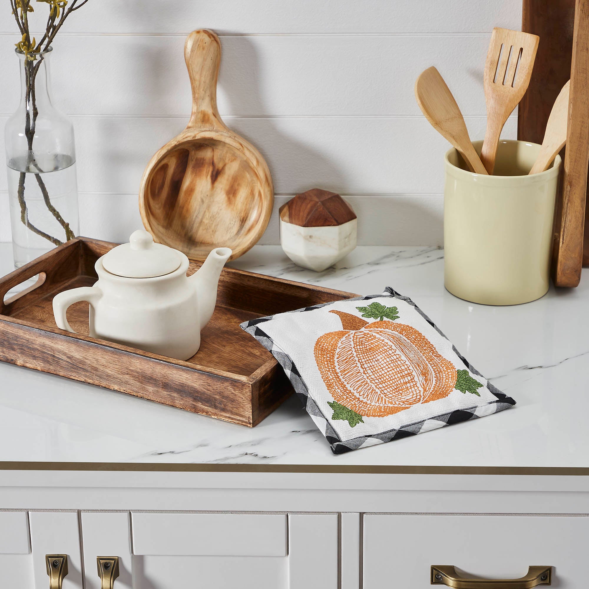 Annie Black & White Buffalo Check Pumpkin Trivet 8x8 inch Farmhouse Fall Kitchen Hot Pad