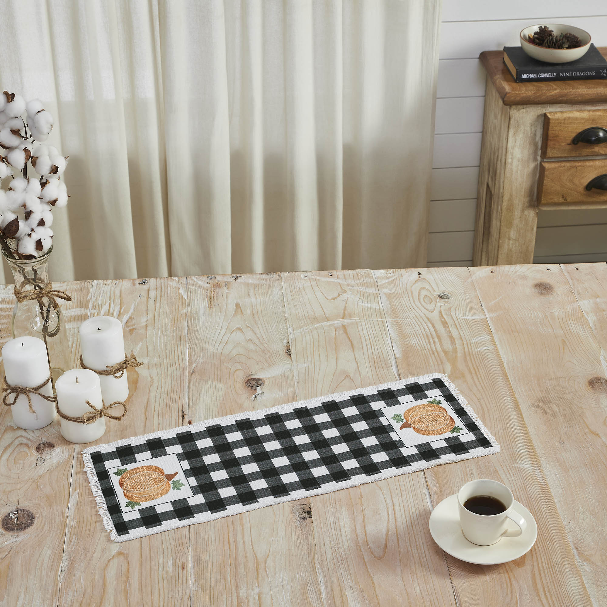 Annie Black Check Pumpkin Fall Harvest Farmhouse Table Runner Inch Buffalo Plaid