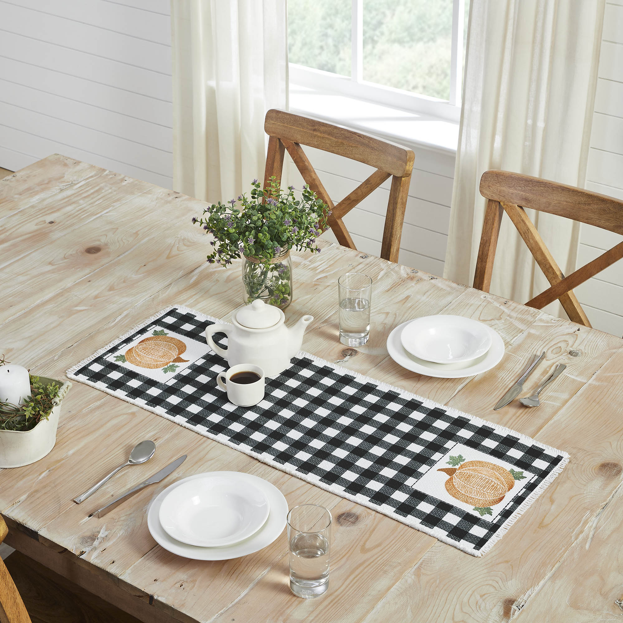 Annie Black Check Buffalo Plaid Pumpkin Harvest Table Runner Farmhouse Fall Holiday Kitchen Dining Home Decor, 12x36 Inches