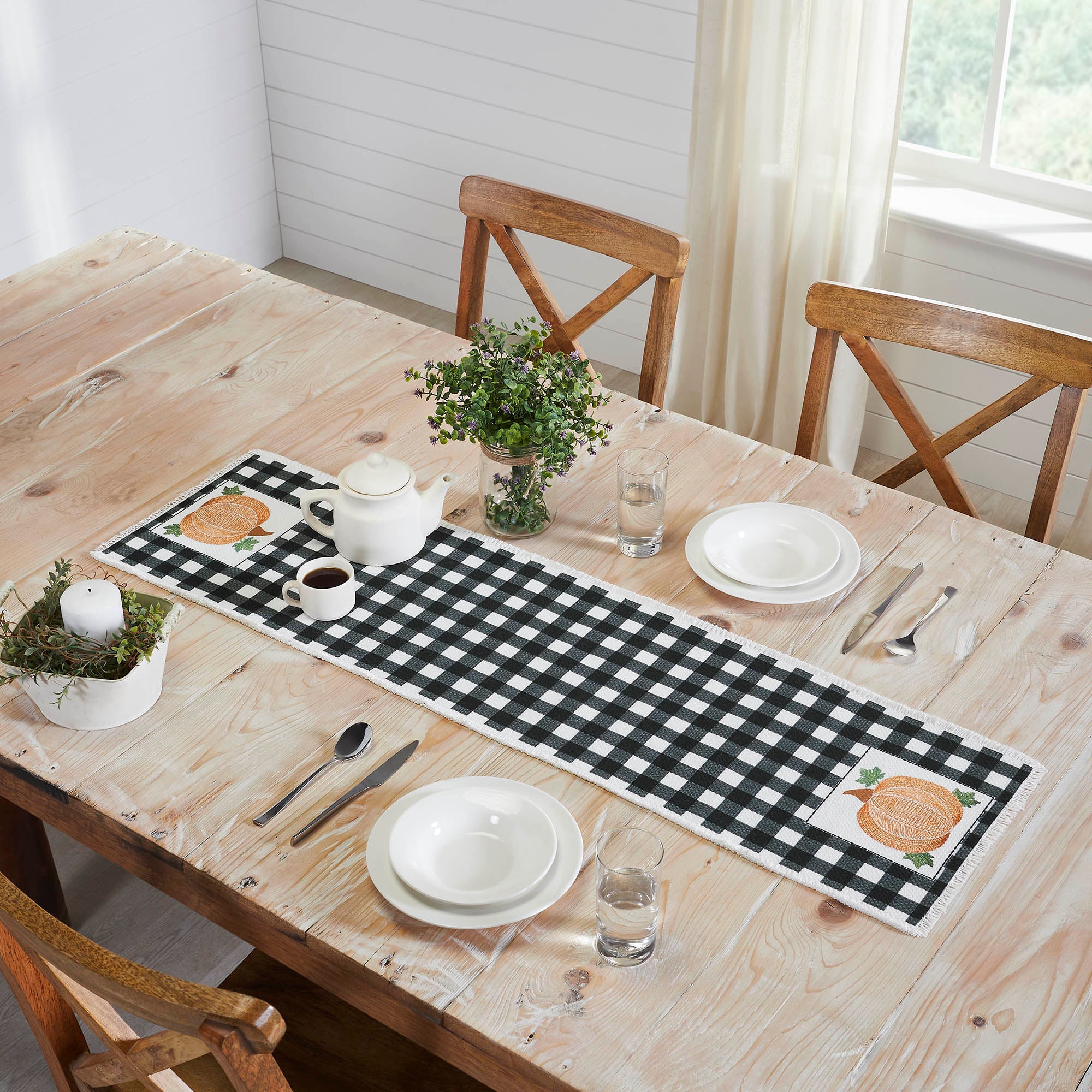 Farmhouse Black White Buffalo Plaid Pumpkin Table Runner 12x48 Inch Fall Autumn Harvest Kitchen Dining Decor
