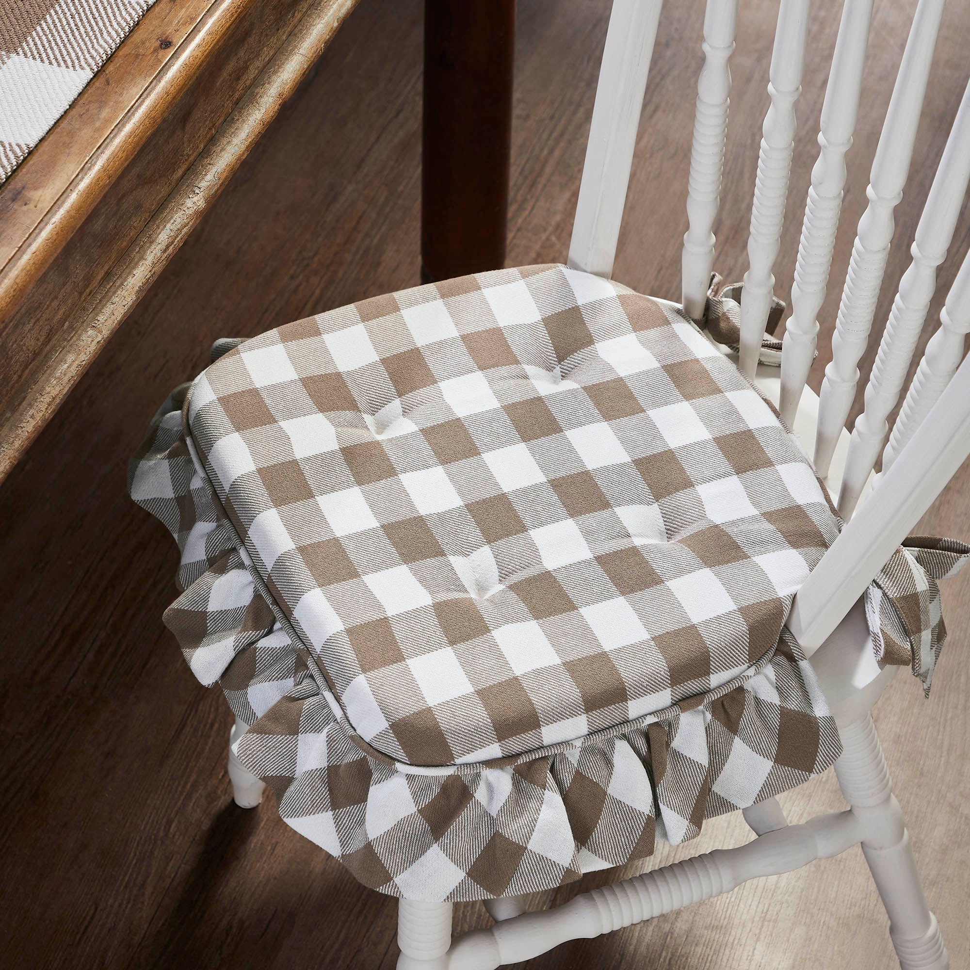 Annie Portabella Tan Buffalo Check Ruffled Chair Pad