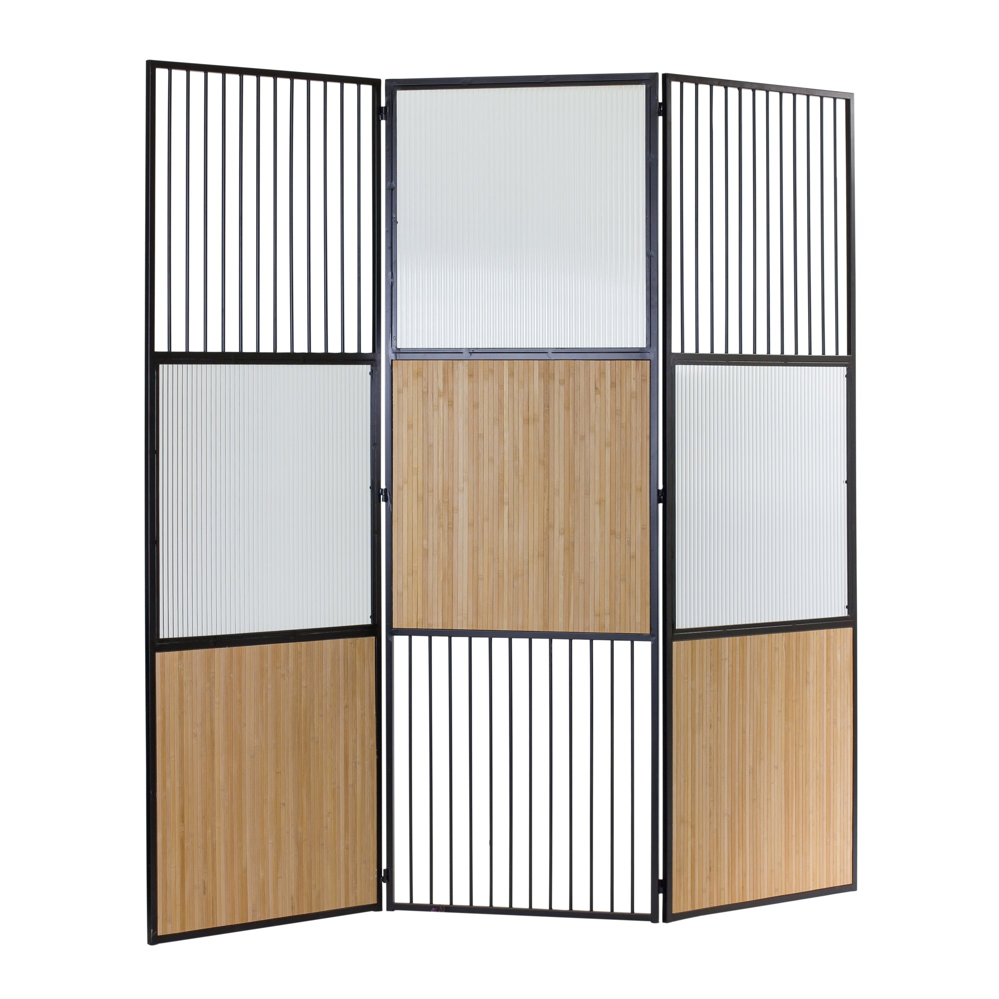 Room Divider 70.5"L x 70.5"H Iron/Bamboo/Glass