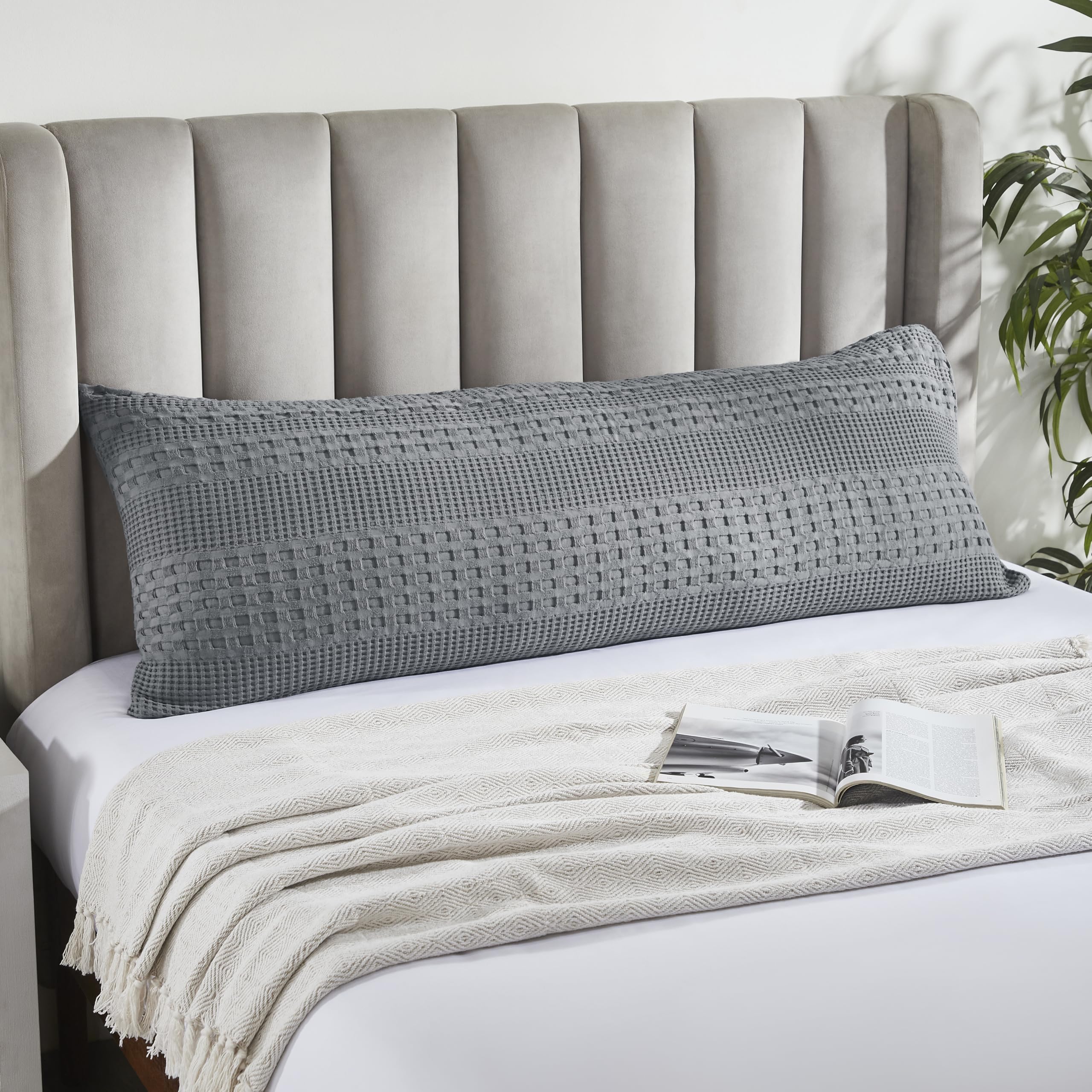 Waffle Weave Dark Gray Body Pillow Cover - 20x54 Inch Decorative Throw Pillow Sham for Farmhouse, Boho Bedroom Decor
