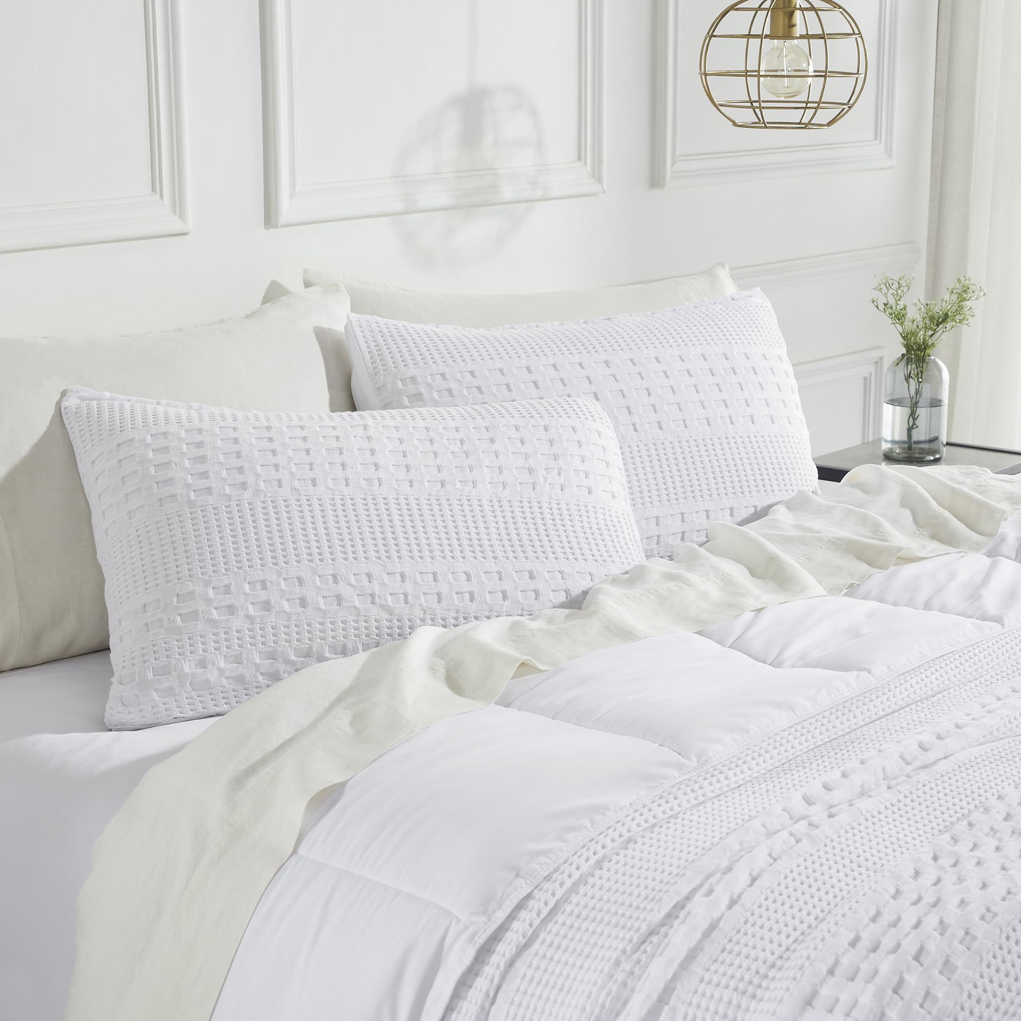Waffle Weave White Standard Sham Set, 20x26 - Farmhouse Boho Decorative Pillow Covers (2-Pack)