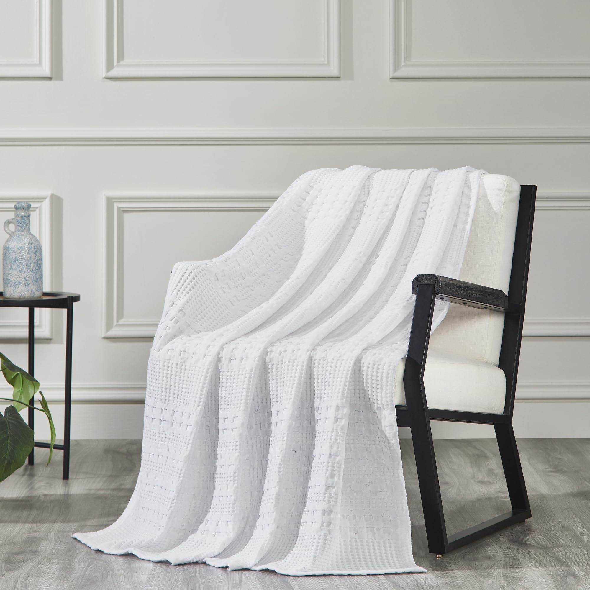 Waffle Weave White Throw 50x60 - Decorative Cotton Blanket for Farmhouse & Boho Decor