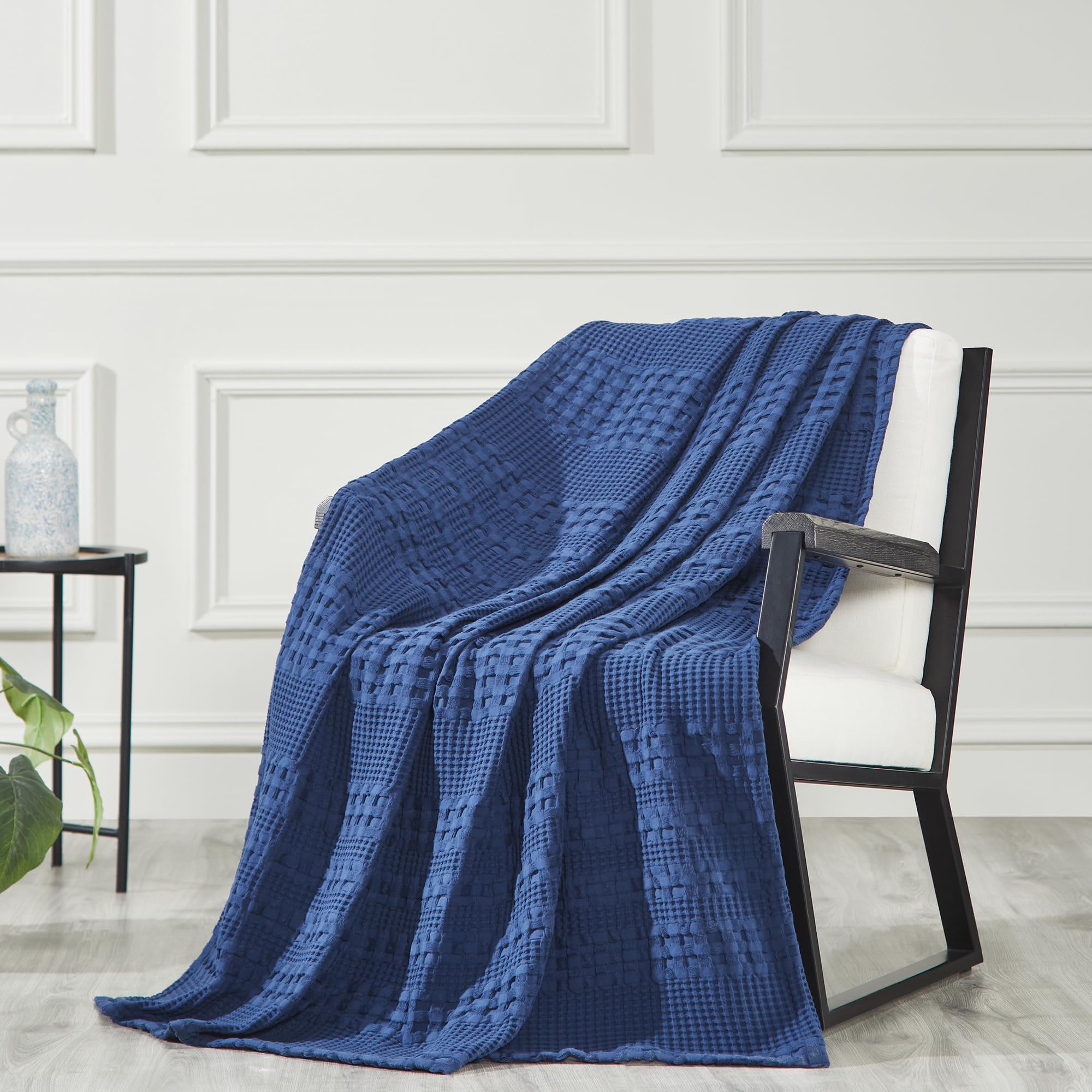 Navy Blue Waffle Weave Cotton Throw Blanket-- Decorative Couch & Sofa Cover