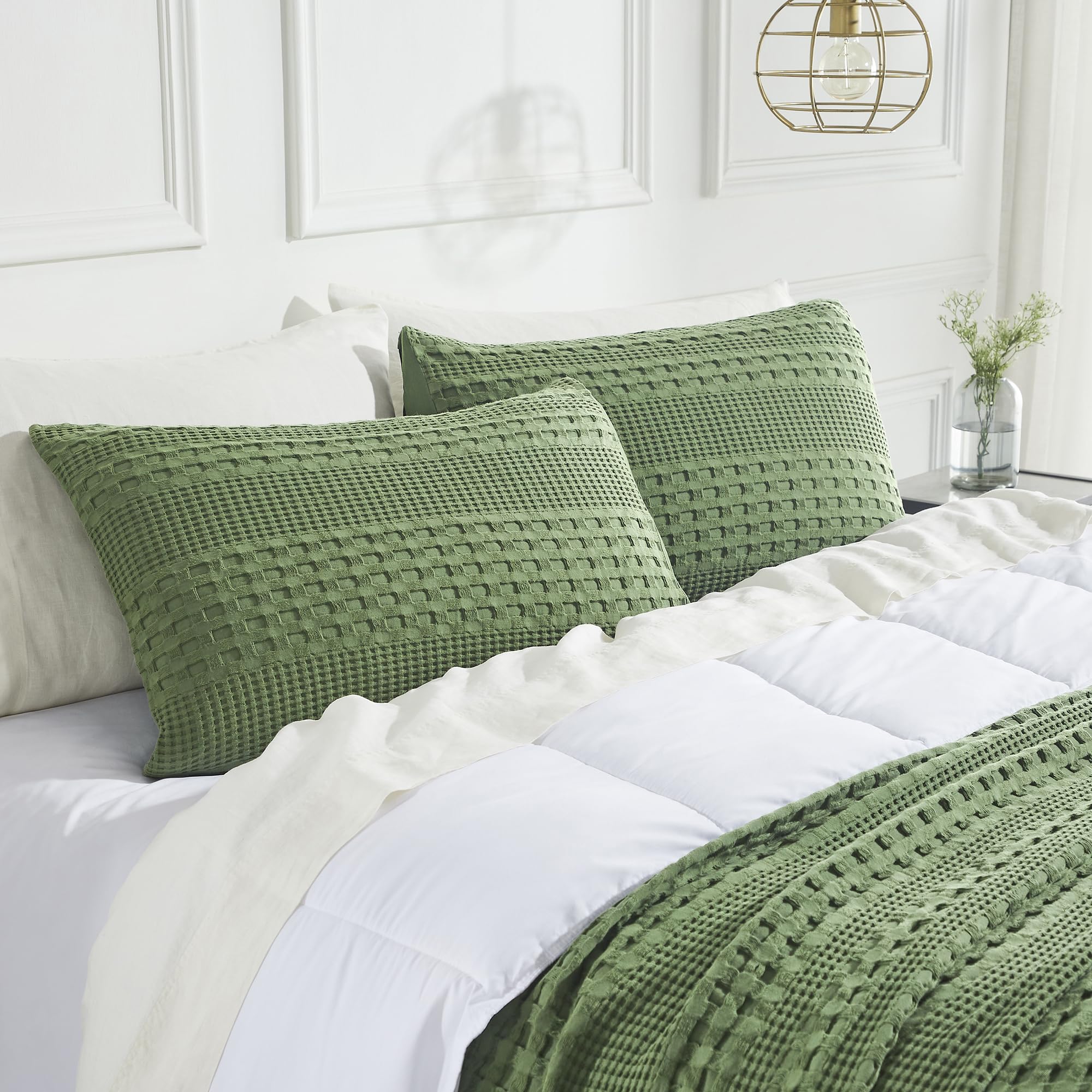 Waffle Weave Olive Green Standard Shams (Set of 2) 20x26 - Farmhouse & Boho Decorative Pillow Covers for Bedroom Decor