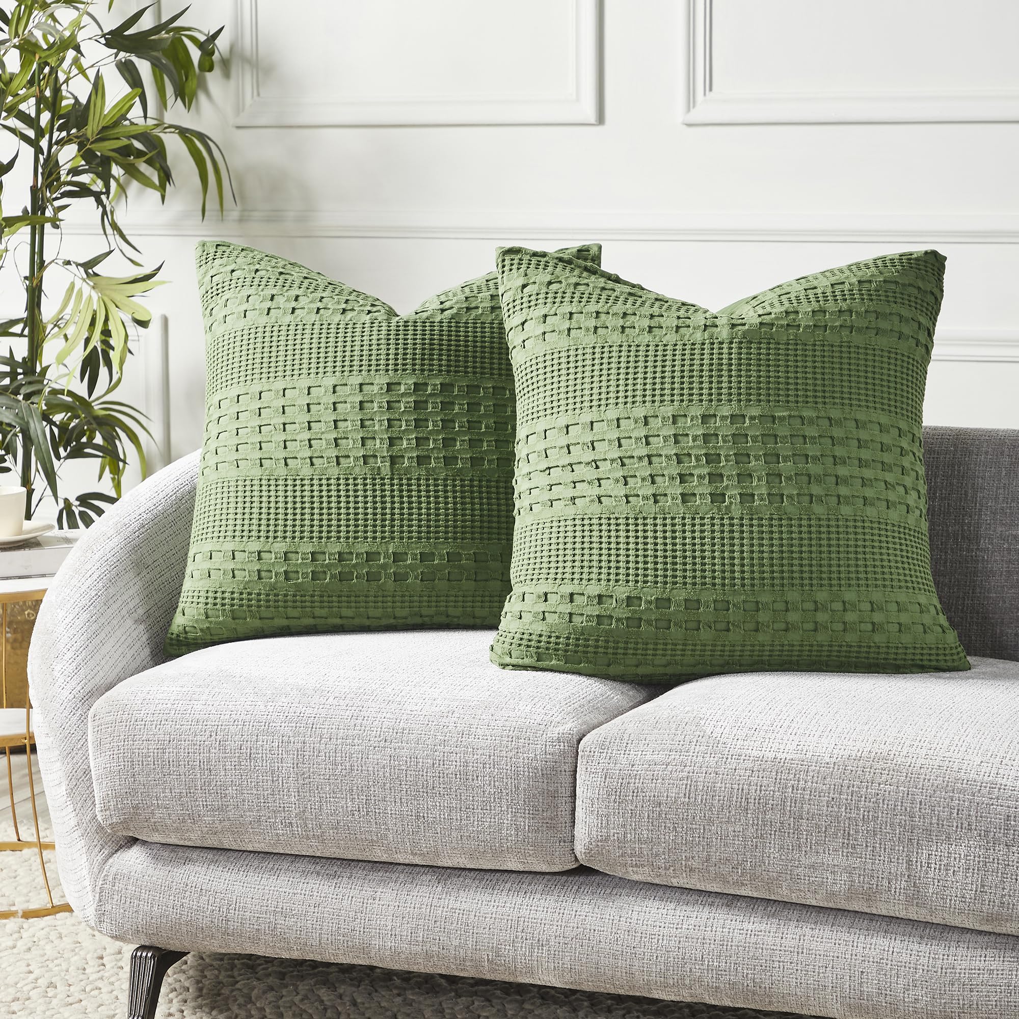 Waffle Weave Olive Green Pillow Covers (Set of 2) 24x24 - Decorative Throw Shams for Farmhouse, Boho Bedroom & Living Room Decor