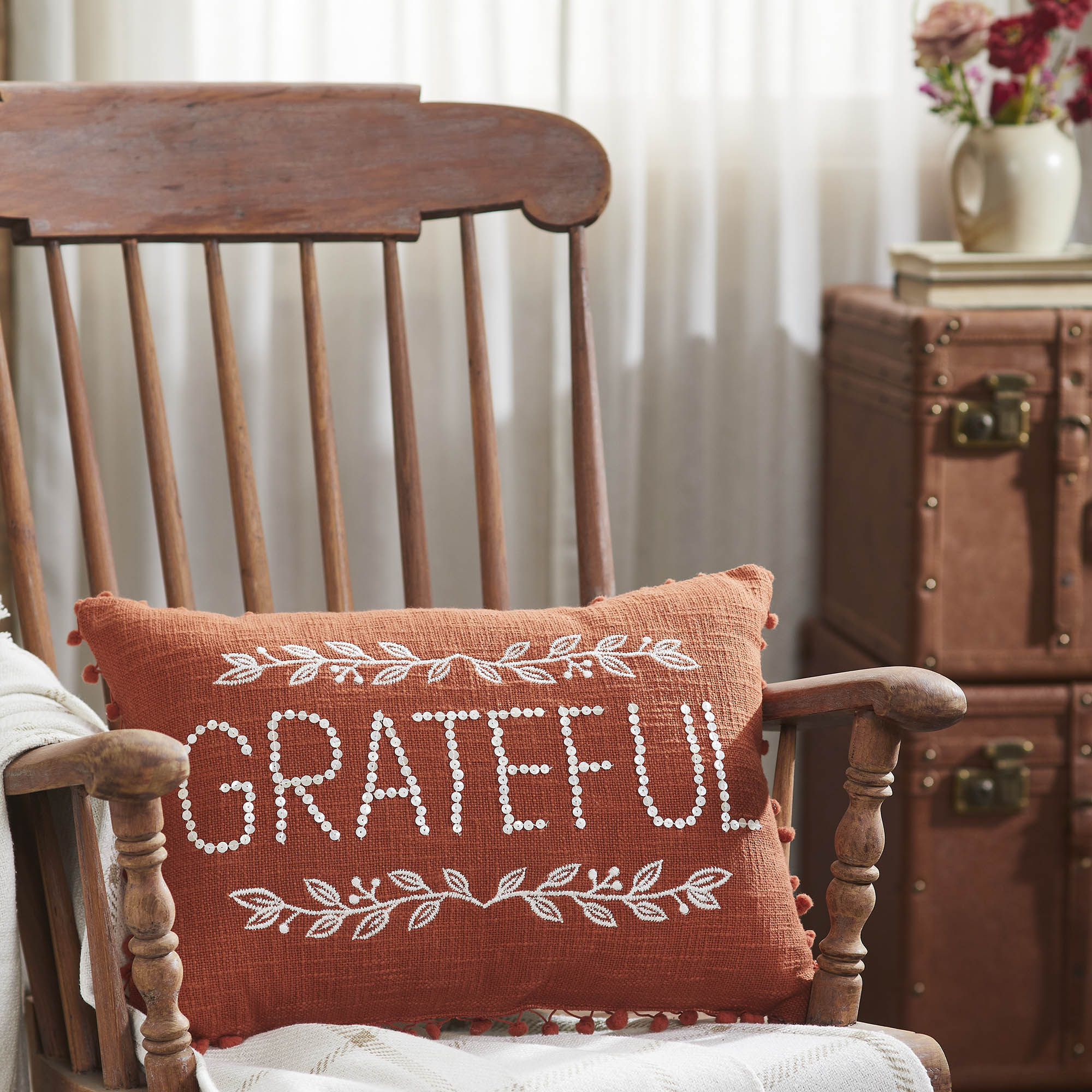 Grateful Pom Pom Decorative Throw Pillow 14x20 Cozy Oblong Accent for Living Room & Bedroom Decor