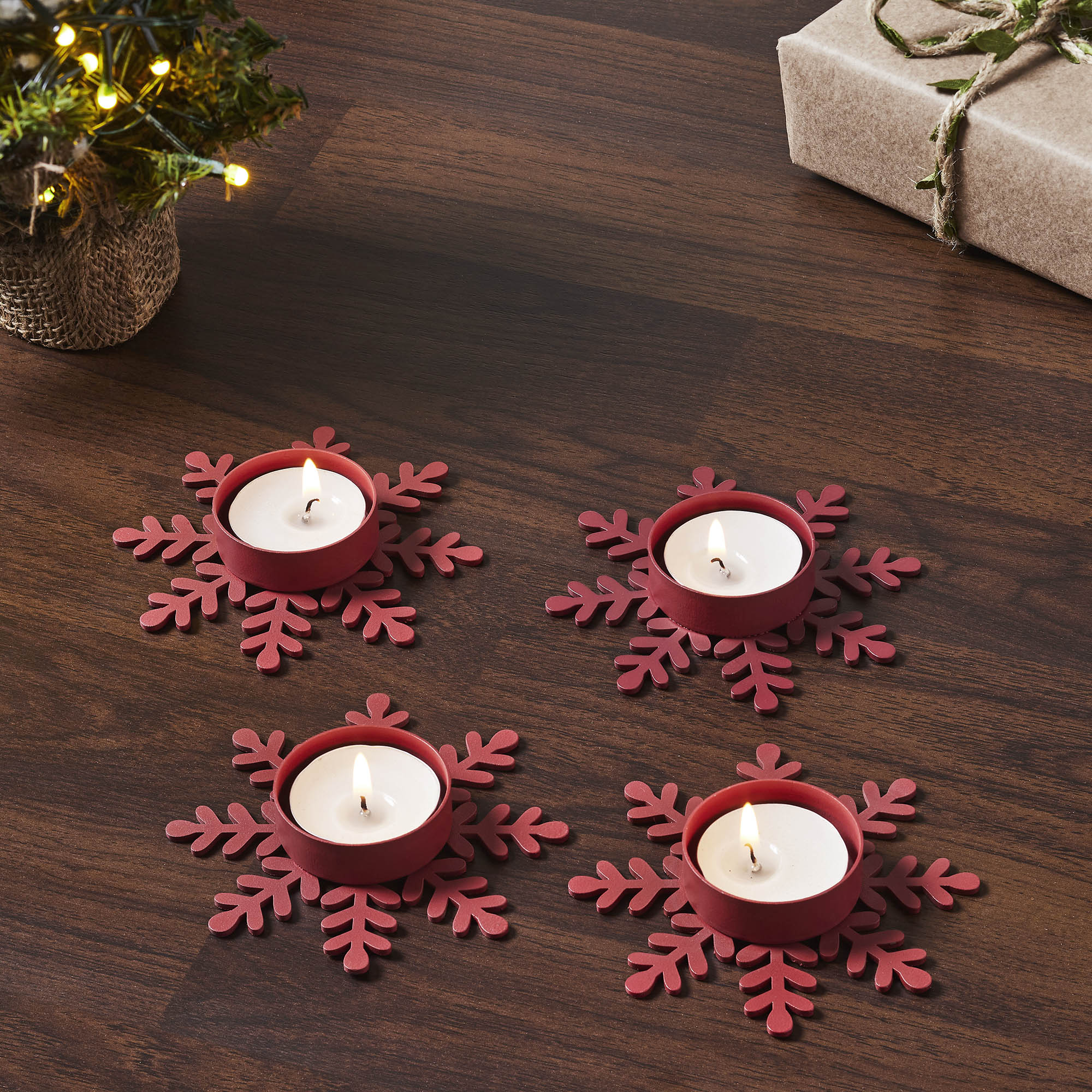 Tealight Holder Snowflake Barn Red Set of 4
