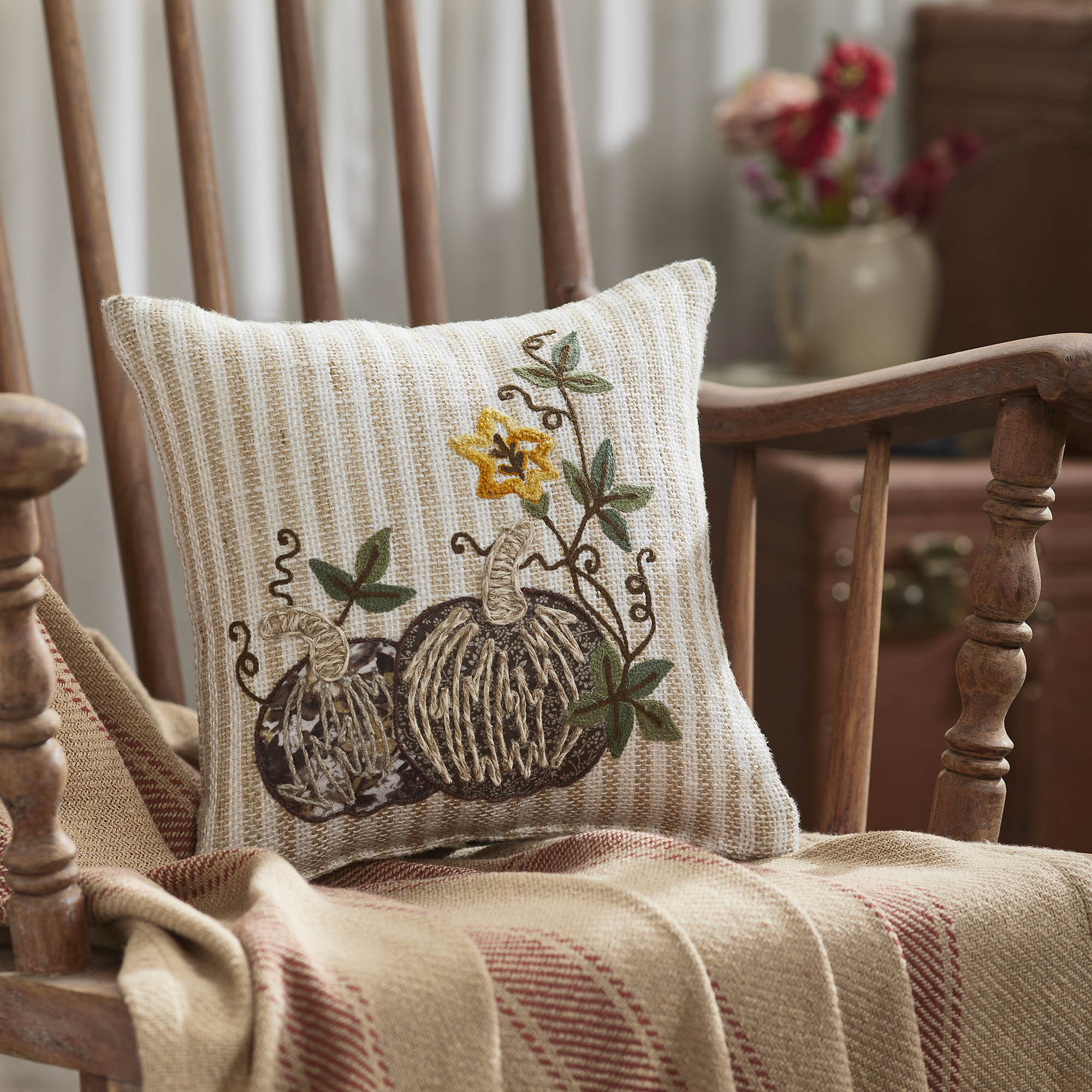 Fall Autumn Pumpkin Patch Striped Throw Pillow 12x12 Inch Decorative Farmhouse Accent
