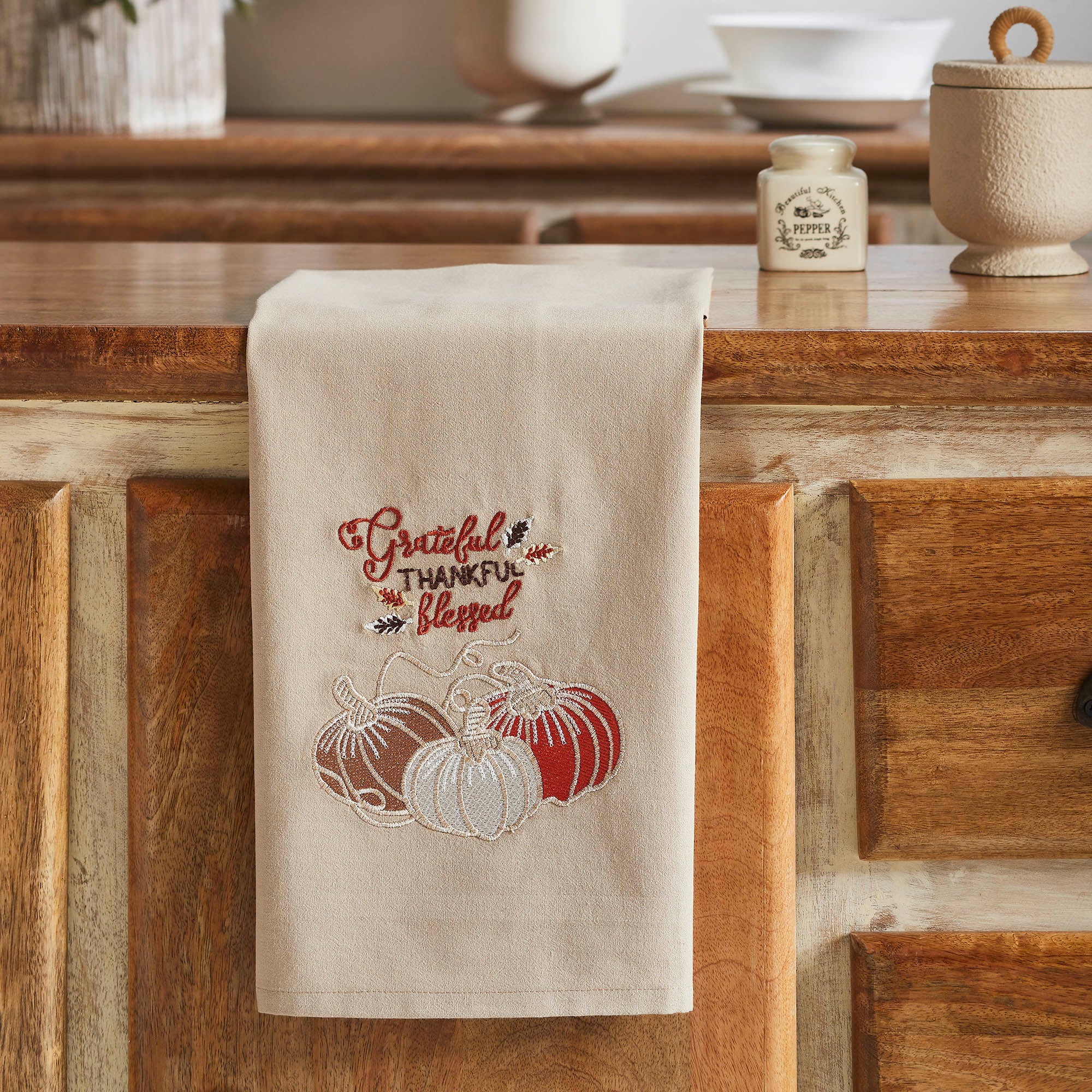 Grateful Thankful Blessed Pumpkins Autumn Fall Farmhouse Kitchen Tea Dish Towel Decorative Decor
