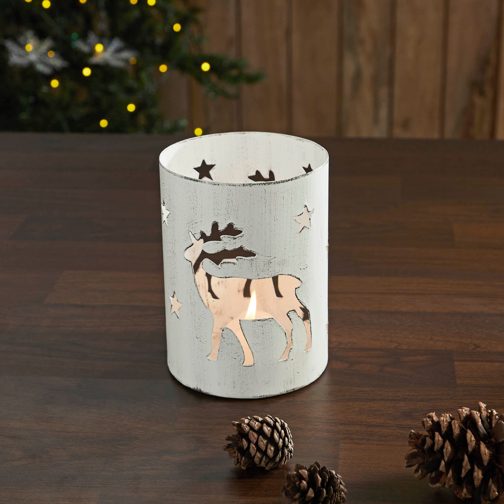 Winter Walk Distressed White Metal Candle Holder