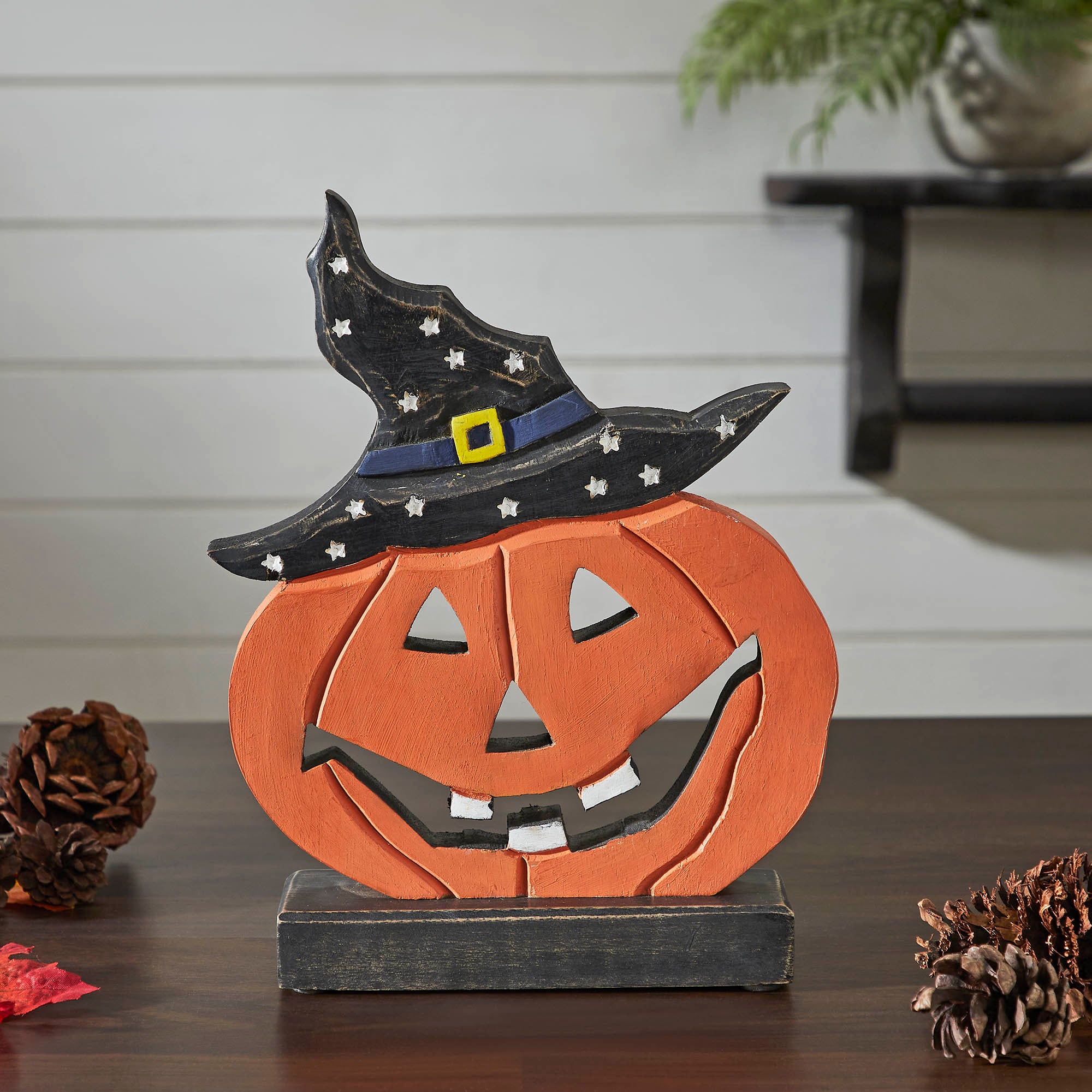 Halloween Wooden Jack O Lantern Pumpkin Tabletop Decor with Witch Hat, Fall Spooky Home Accent Inch