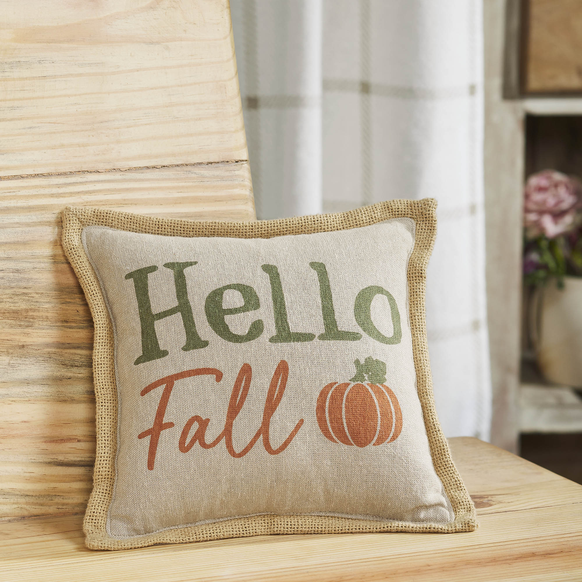 Hello Fall Pumpkin Bounty Decorative Throw Pillow 9x9 Inch Autumn Harvest Seasonal Home Accent