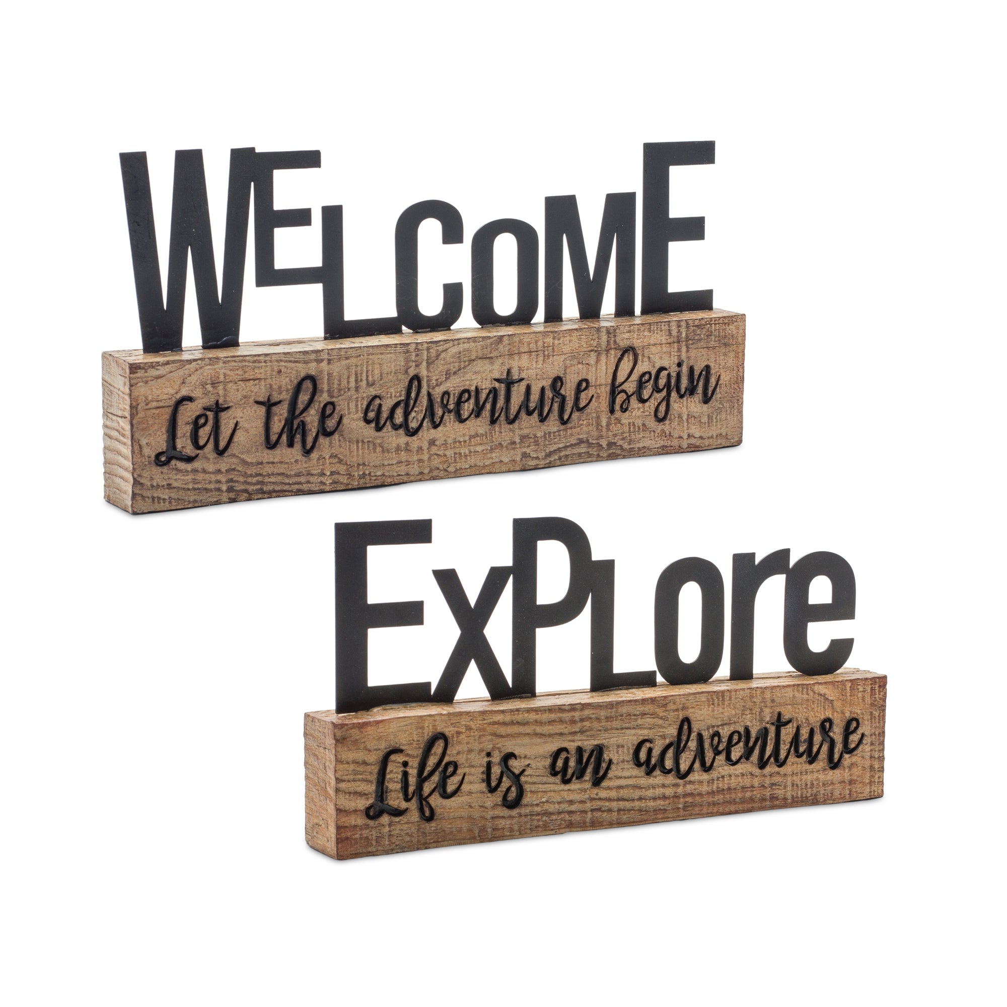 Explore and Welcome Sign (2 Asst) 9"L x 4.5"H, 10"L X 5"H Resin
