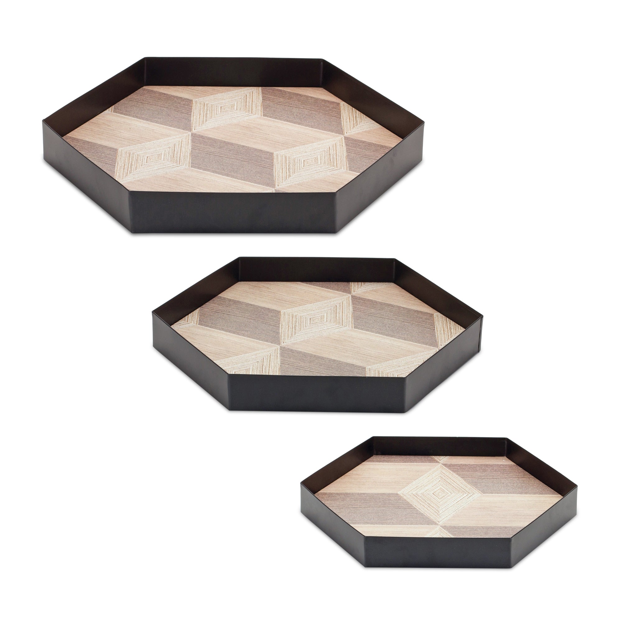 Tray (Set of 3) 8.75"L x 1.5"H, 10.25"L x 1.5"H, 12"L x 1.75"H Iron/Wood