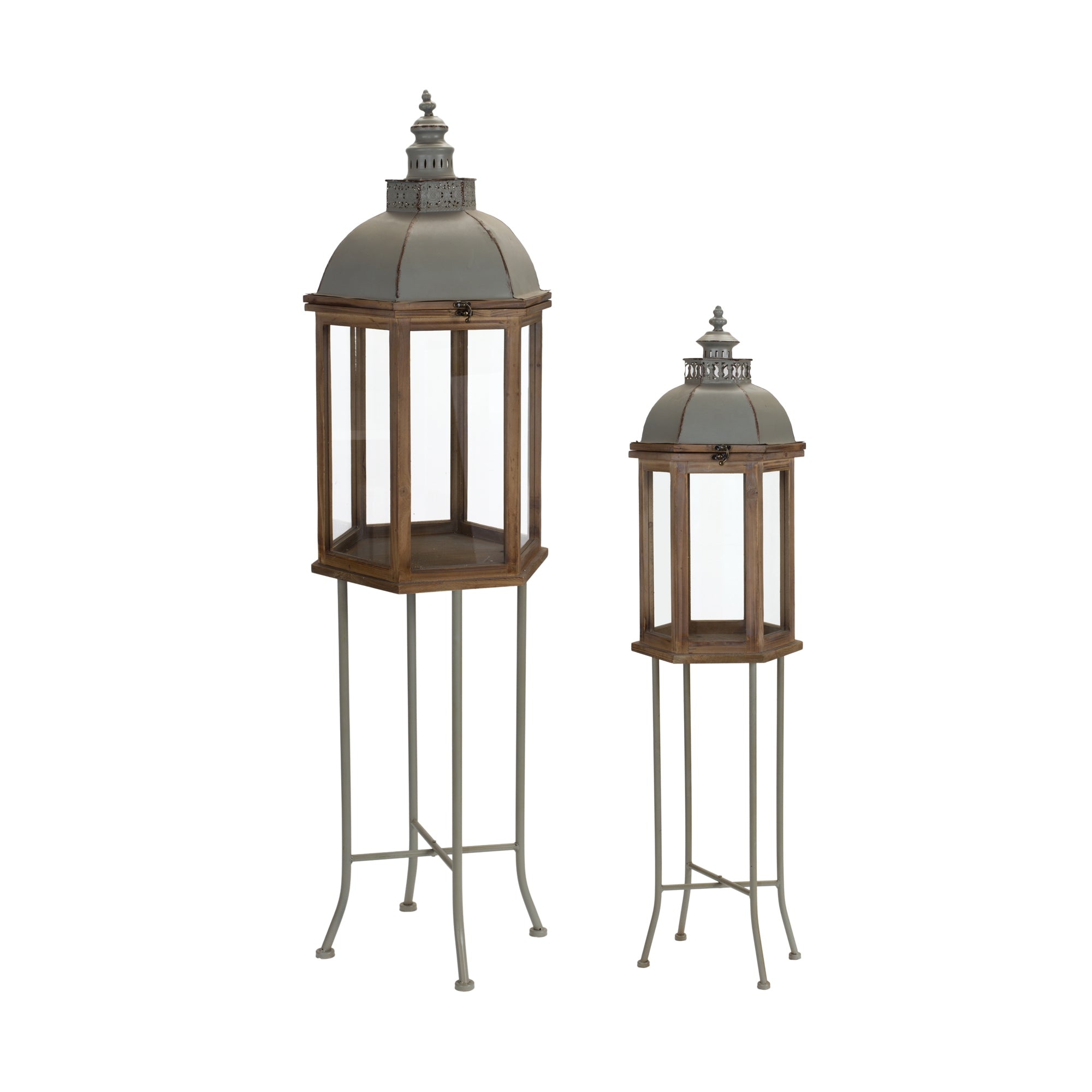 Lantern on Stand (Set of 2) 11.25"D x 44"H, 16.5"D x 56"H Wood/Iron