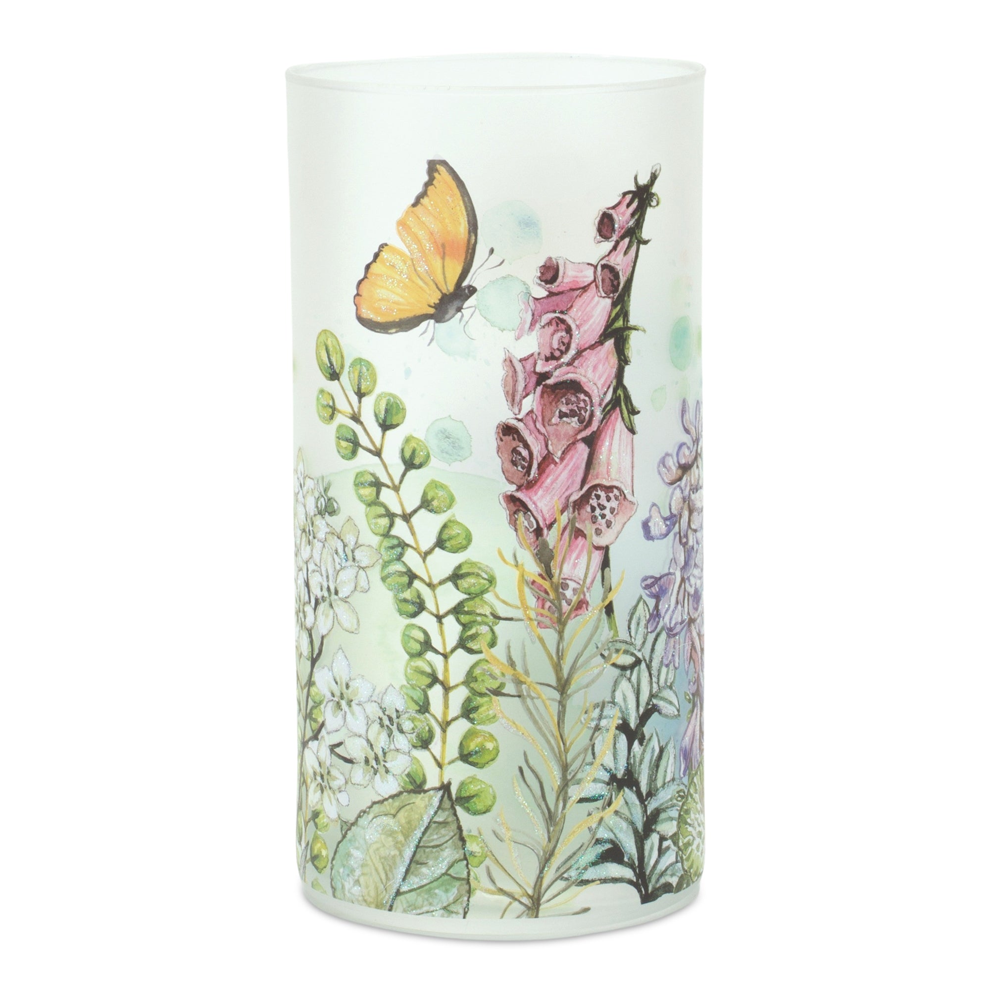 Foxglove and Butterfly Candle Holder 4"D x 8"H Glass