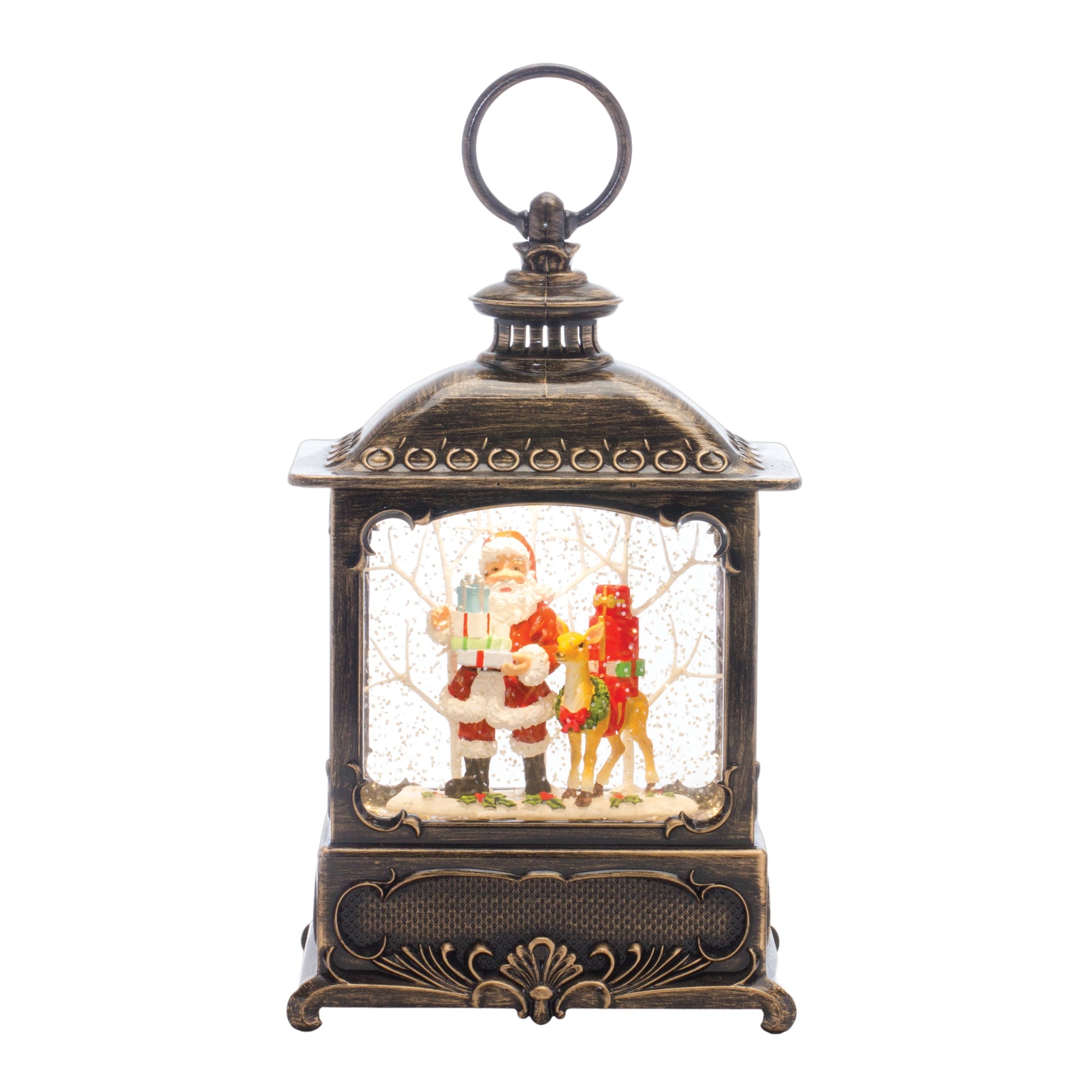 Snow Globe Santa & Deer 10.25”H  6 Hr Timer 3AA Batteries Not Included or USB Cord Included