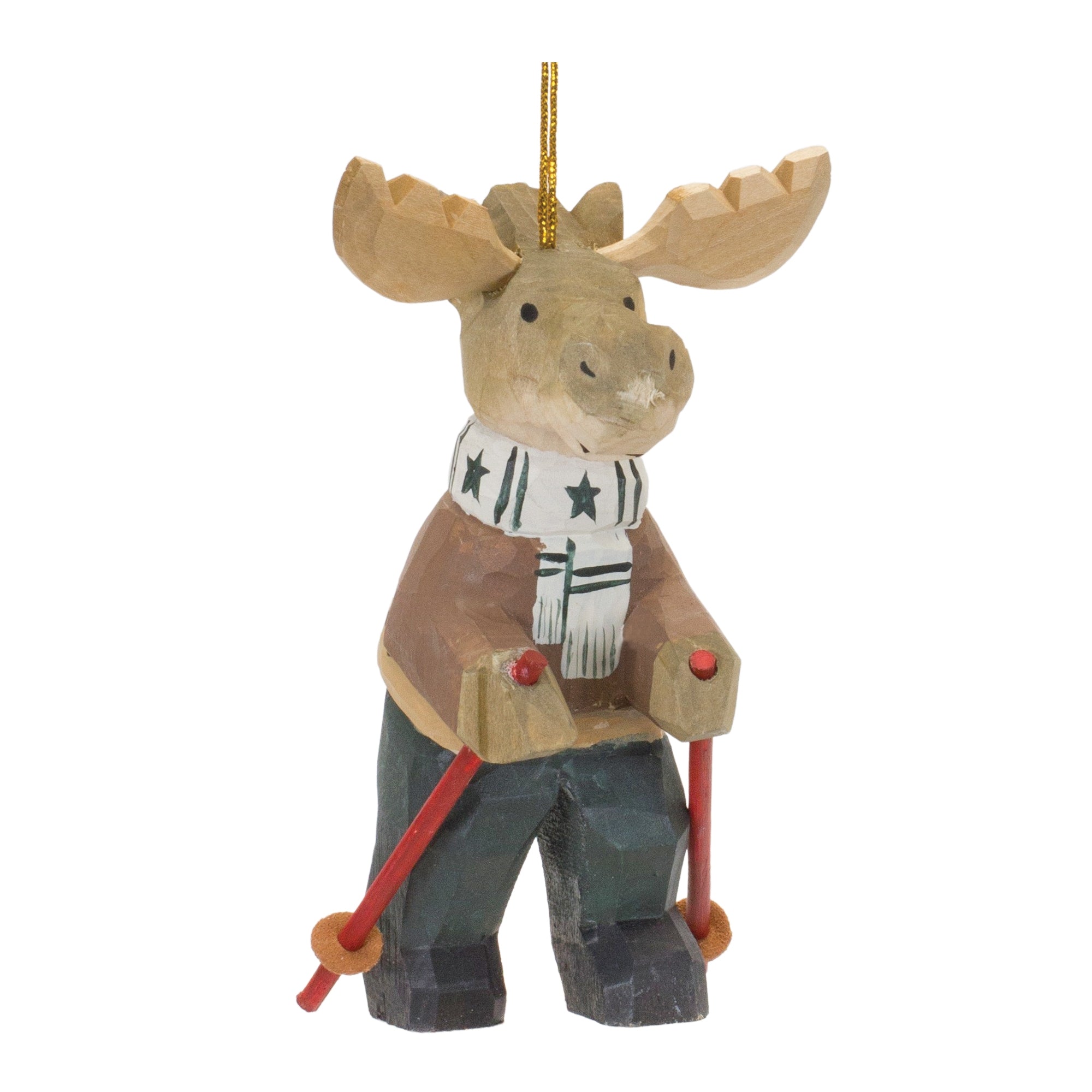 Moose w/Ski Poles Ornament 5.5”H Wood