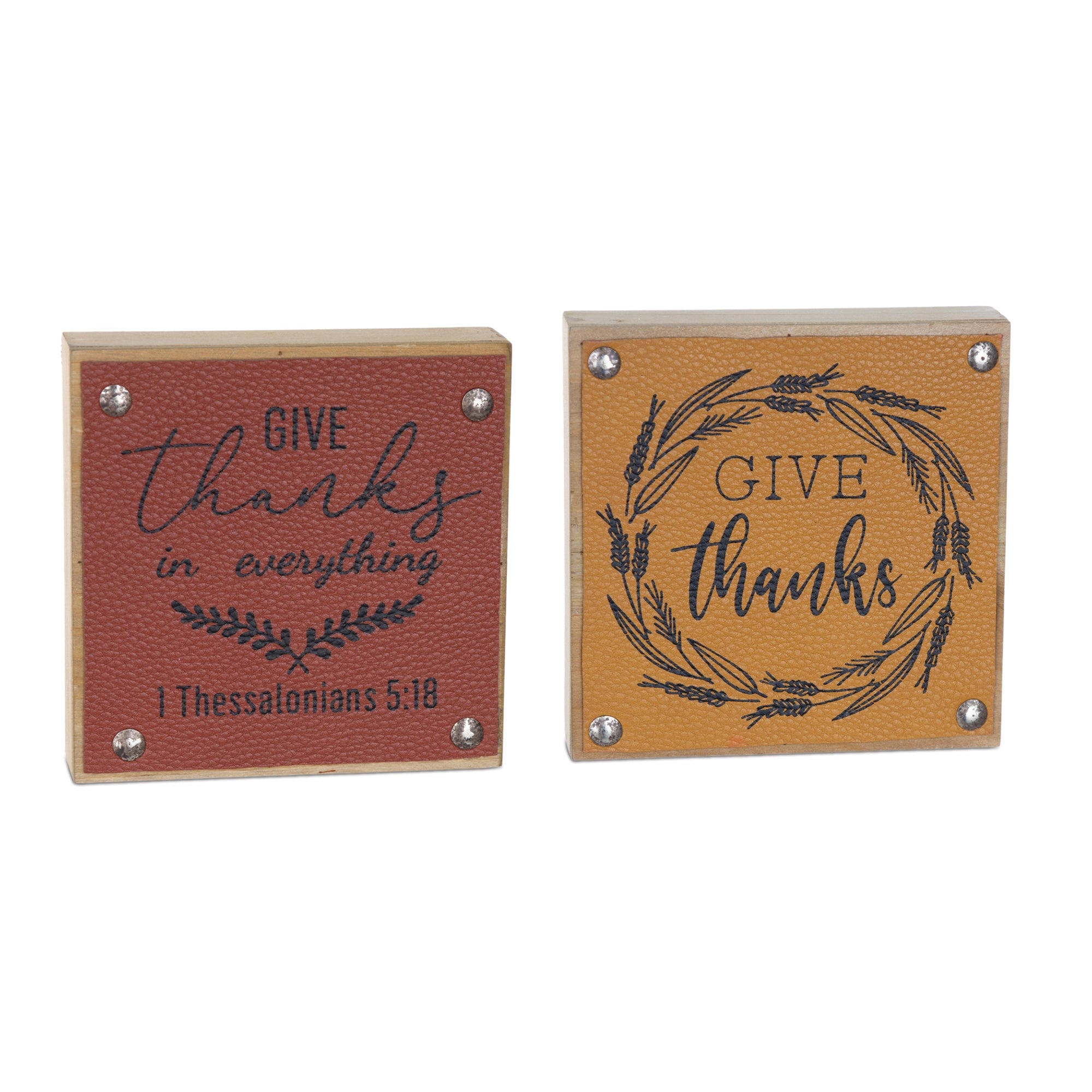 Give Thanks Sign (2 Asst) 5”SQ Wood/Faux Leather