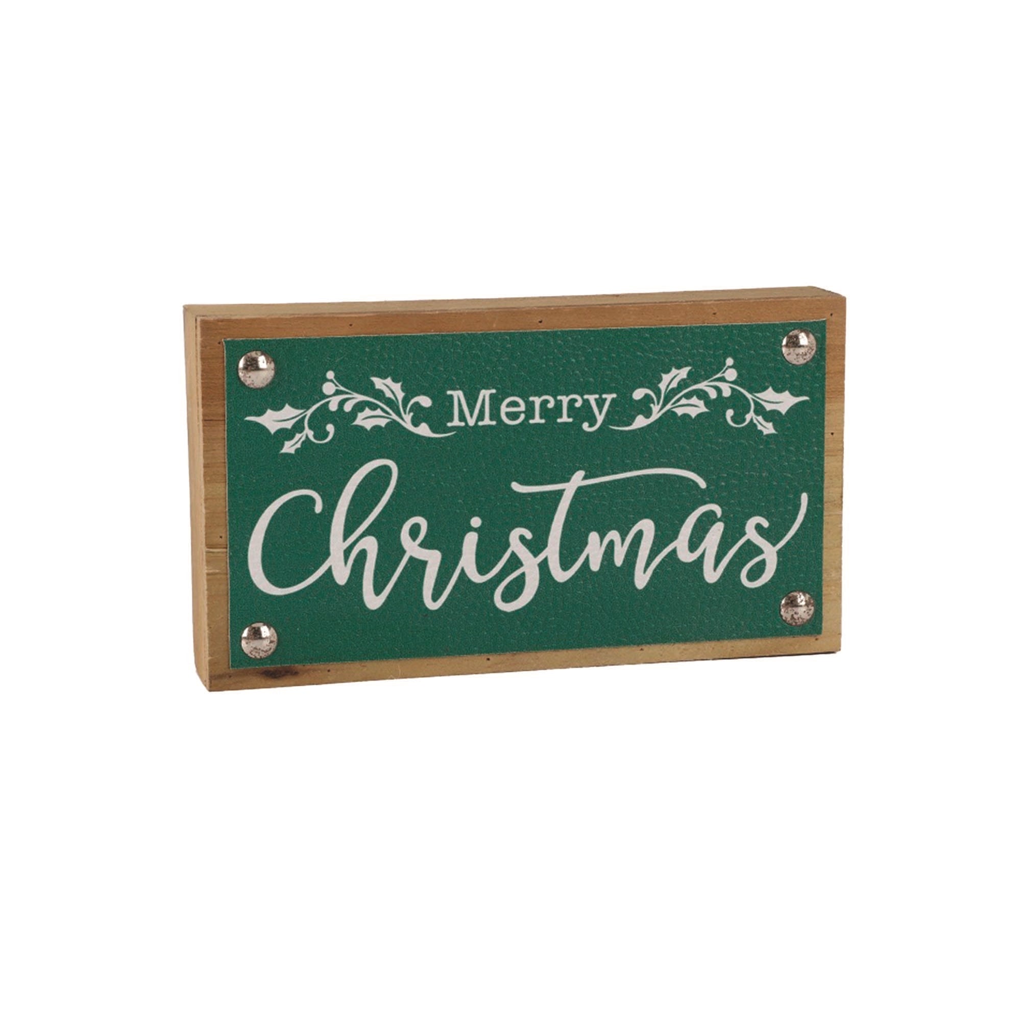 Merry Christmas Sign 7"L x 4"H Wood/Faux Leather