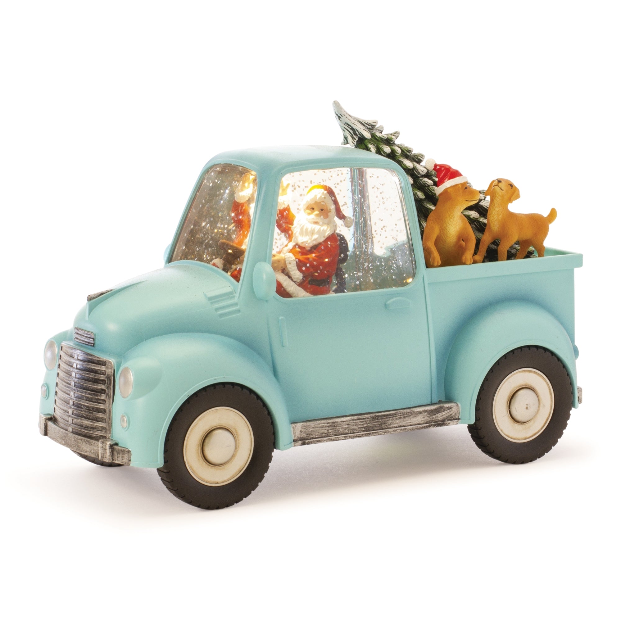 Snow Globe Santa In Truck w/Dogs 8.75"L x 6"H  6 Hr Timer 3AA Batteries Not Included or USB C