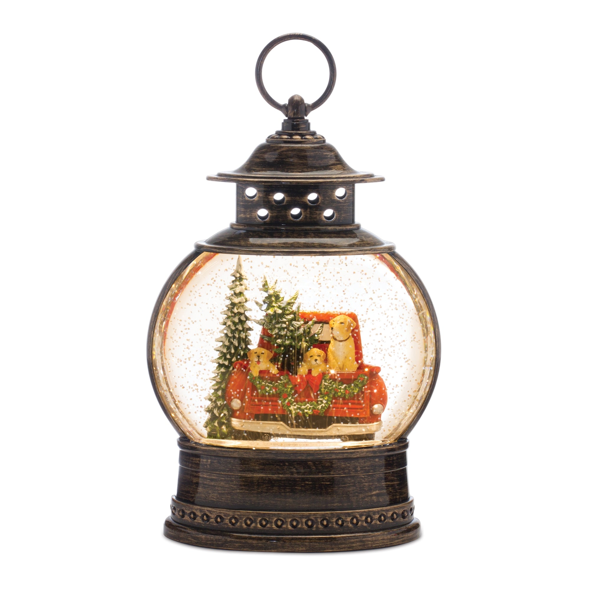 Snow Globe Dogs and Tree in Truck Bed 11.5”H  6 Hr Timer 3AA Batteries Not Included or USB Co