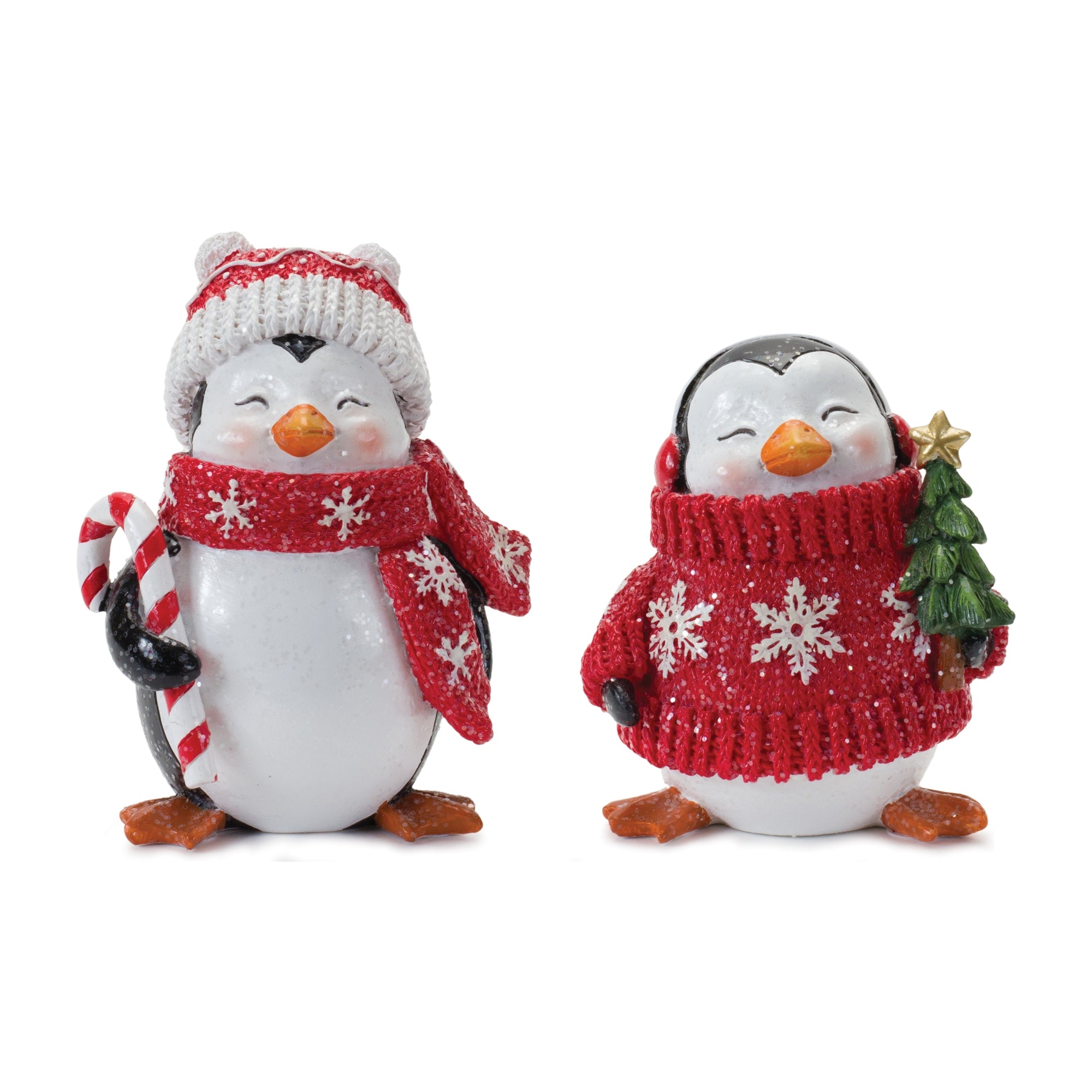 Penguin w/Tree and Candy Cane (2 set of) 4.75"H, 5.5"H Resin